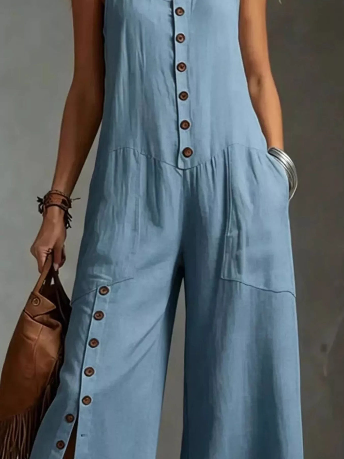 Full Size Sleeveless Button-Down Wide-Leg Jumpsuit Plus Size