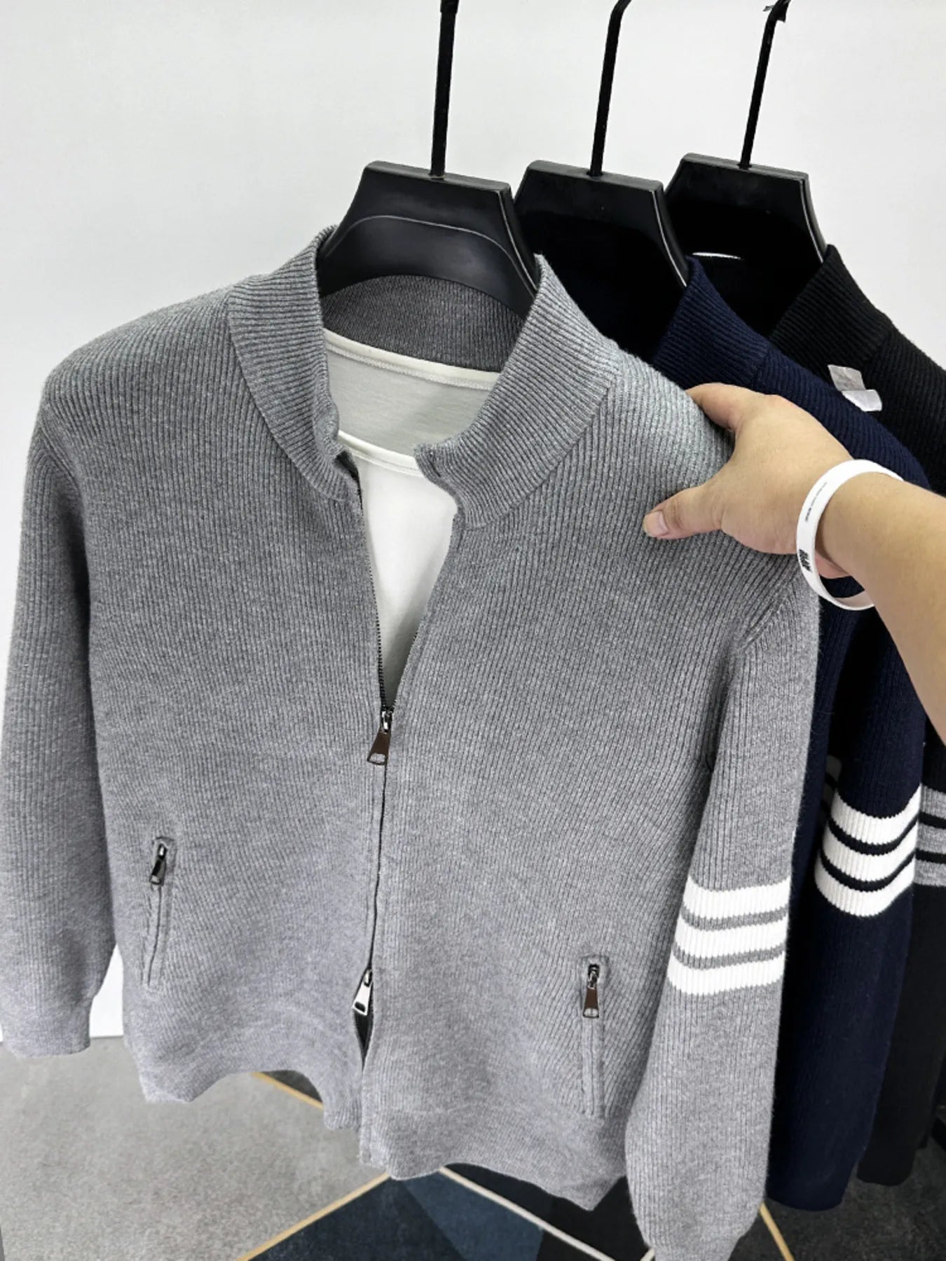 Men's Plus Size Zip Up Striped Long Sleeve Cardigan