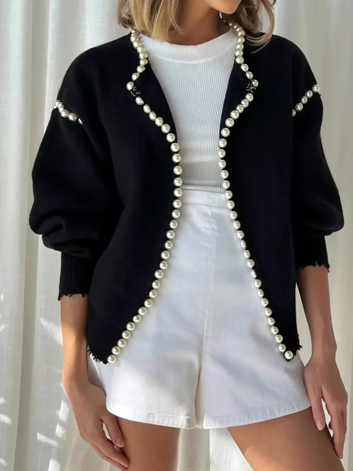 Pearl Trimmed Open Front Cardigan