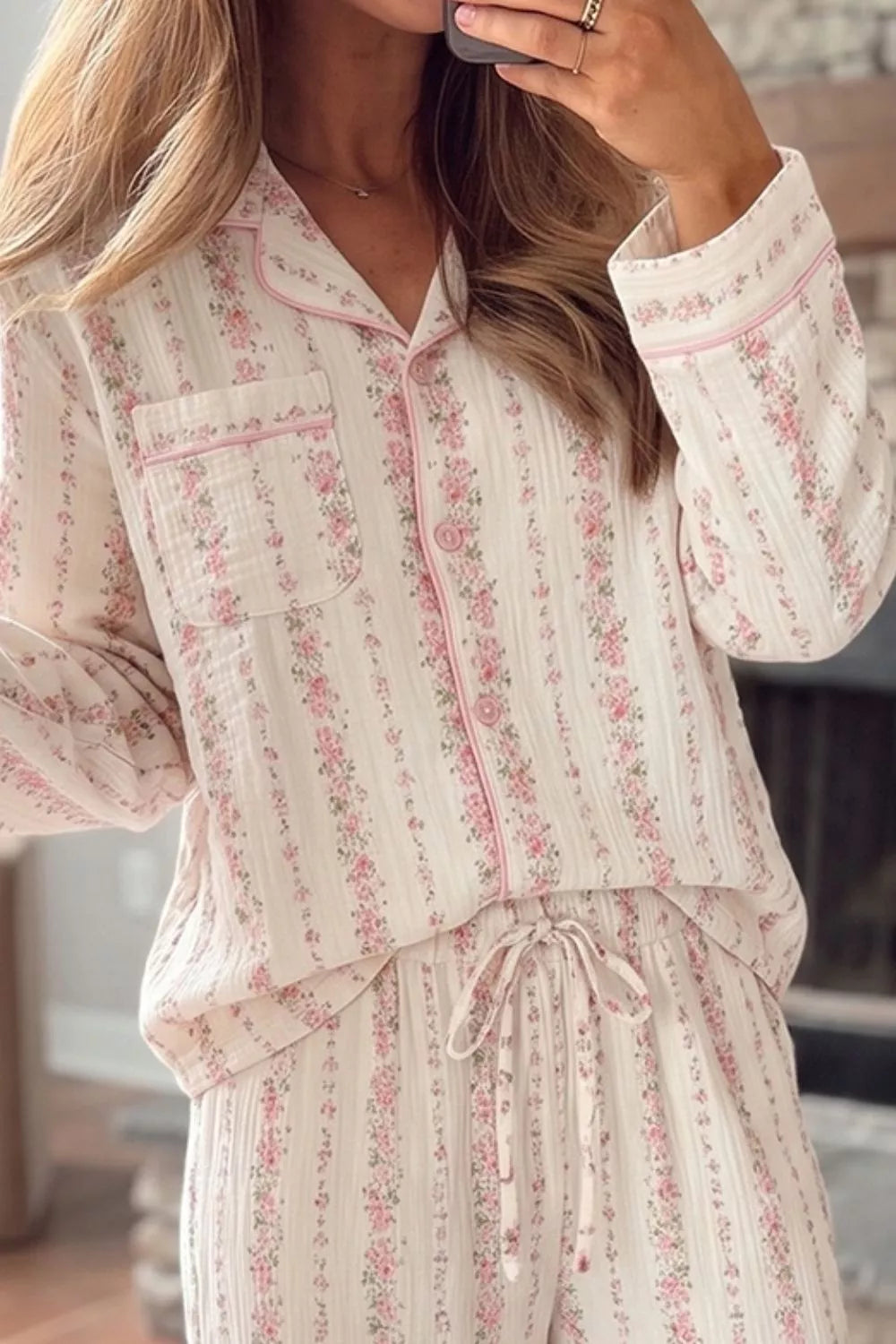 Floral Print Button-Down Top and Pants Loungewear Set
