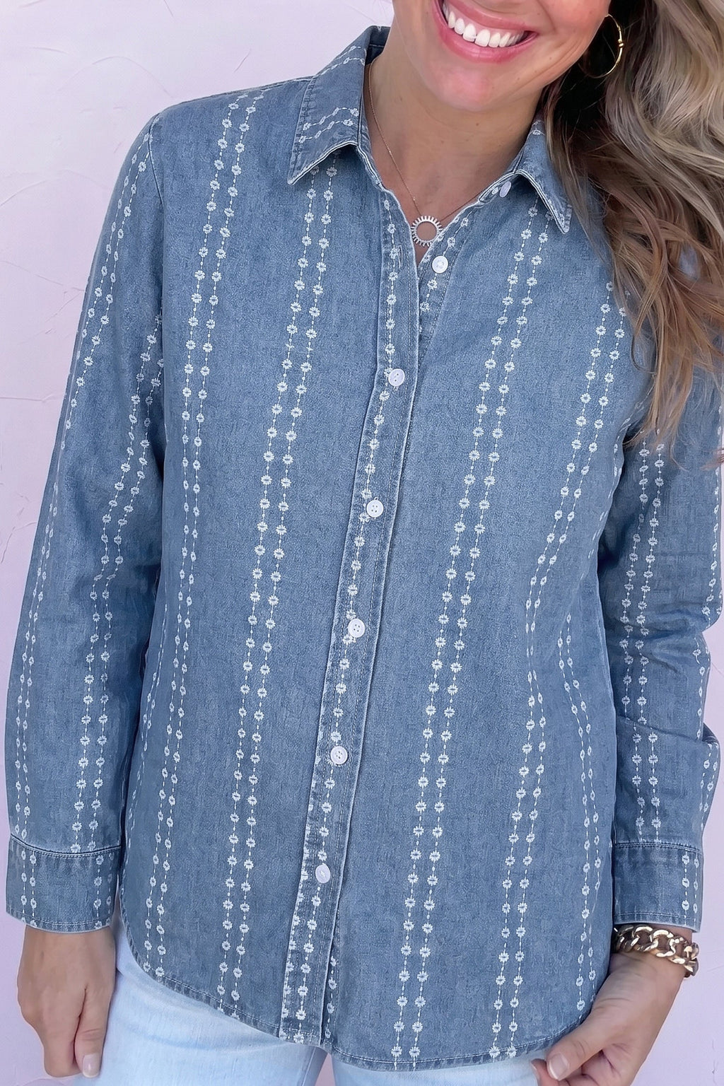 Myosotis Floral Print Button-Down Long Sleeve Denim Shirt