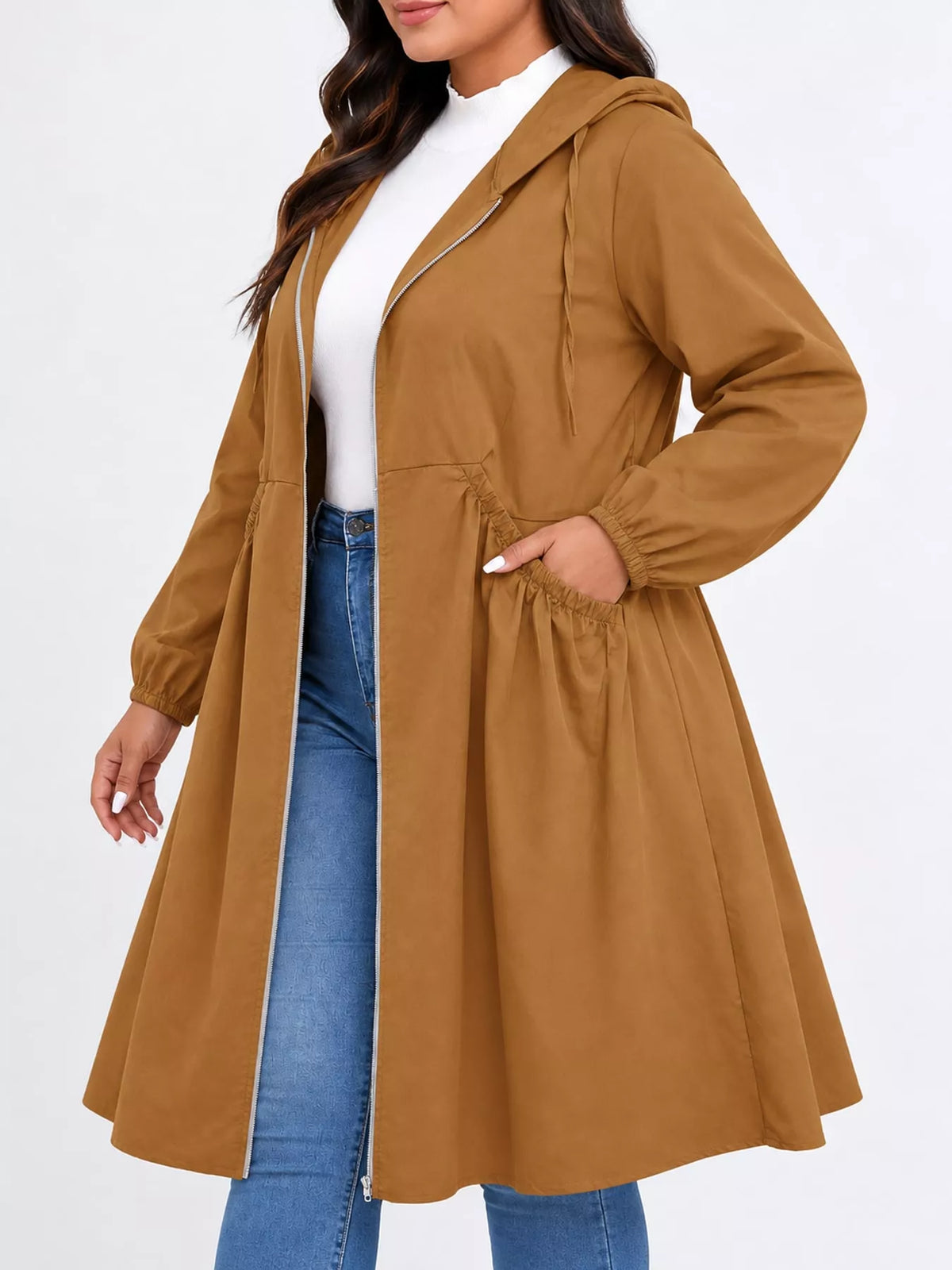 Plus Size Hooded Zip-Up Longline Windbreaker Outerwear