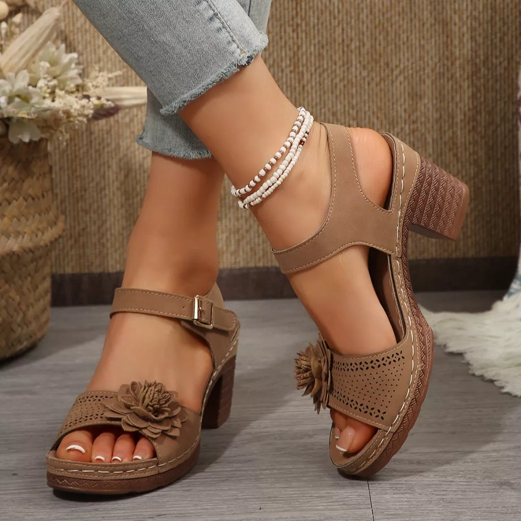 Floral Decor Buckle Ankle Strap Block Heel Sandals