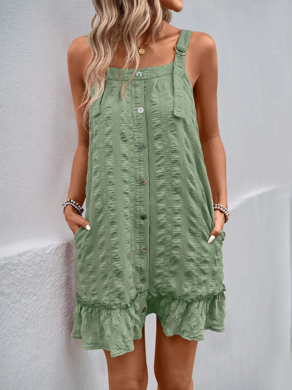 Ruffled Hem Adjustable Strap Square Neck Dress