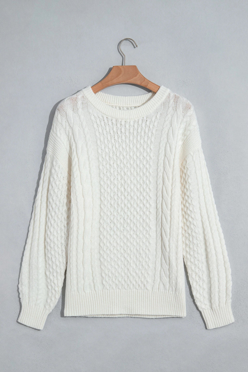Solid Cable Knit Round Neck Long Sleeve Sweater