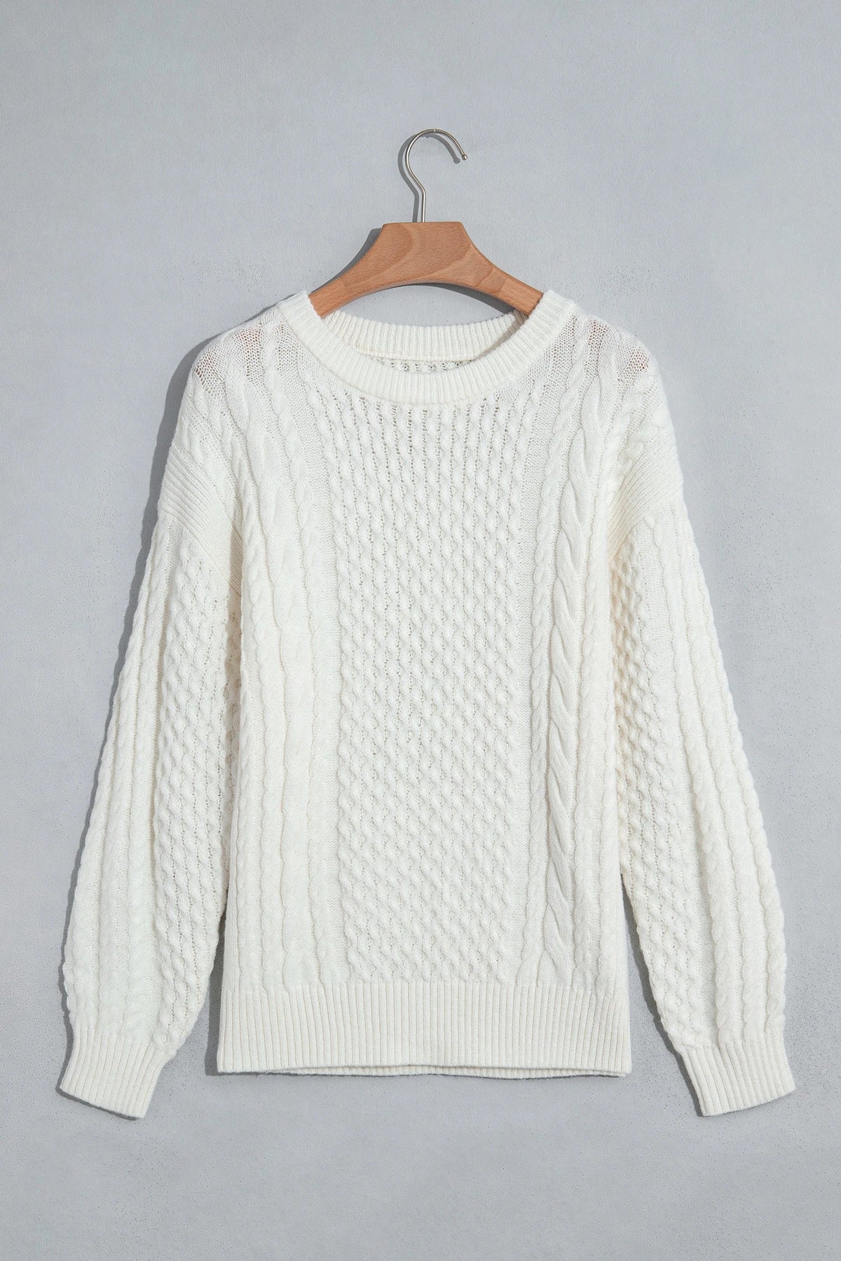Solid Cable Knit Round Neck Long Sleeve Sweater