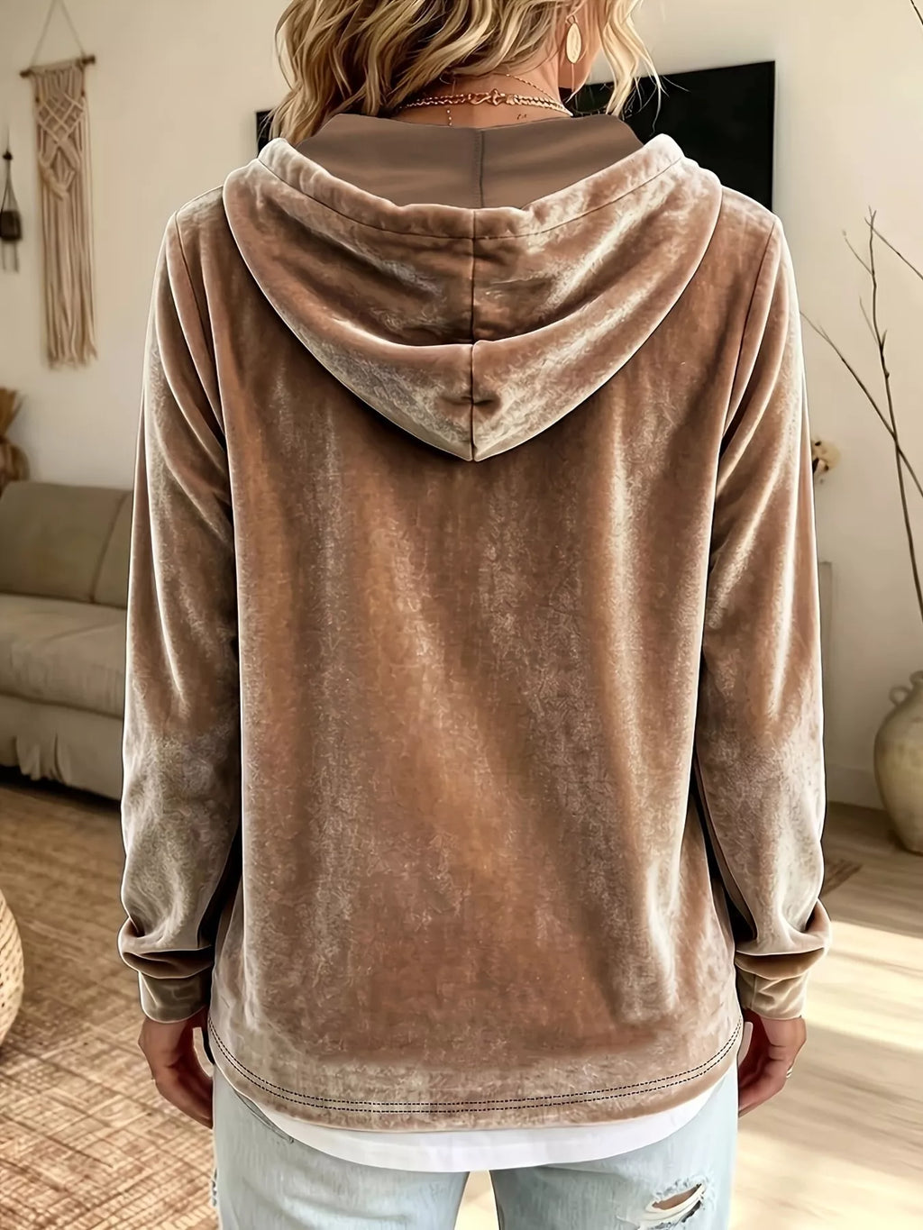 Full Size Drawstring Velvet Long Sleeve Hoodie Plus Size