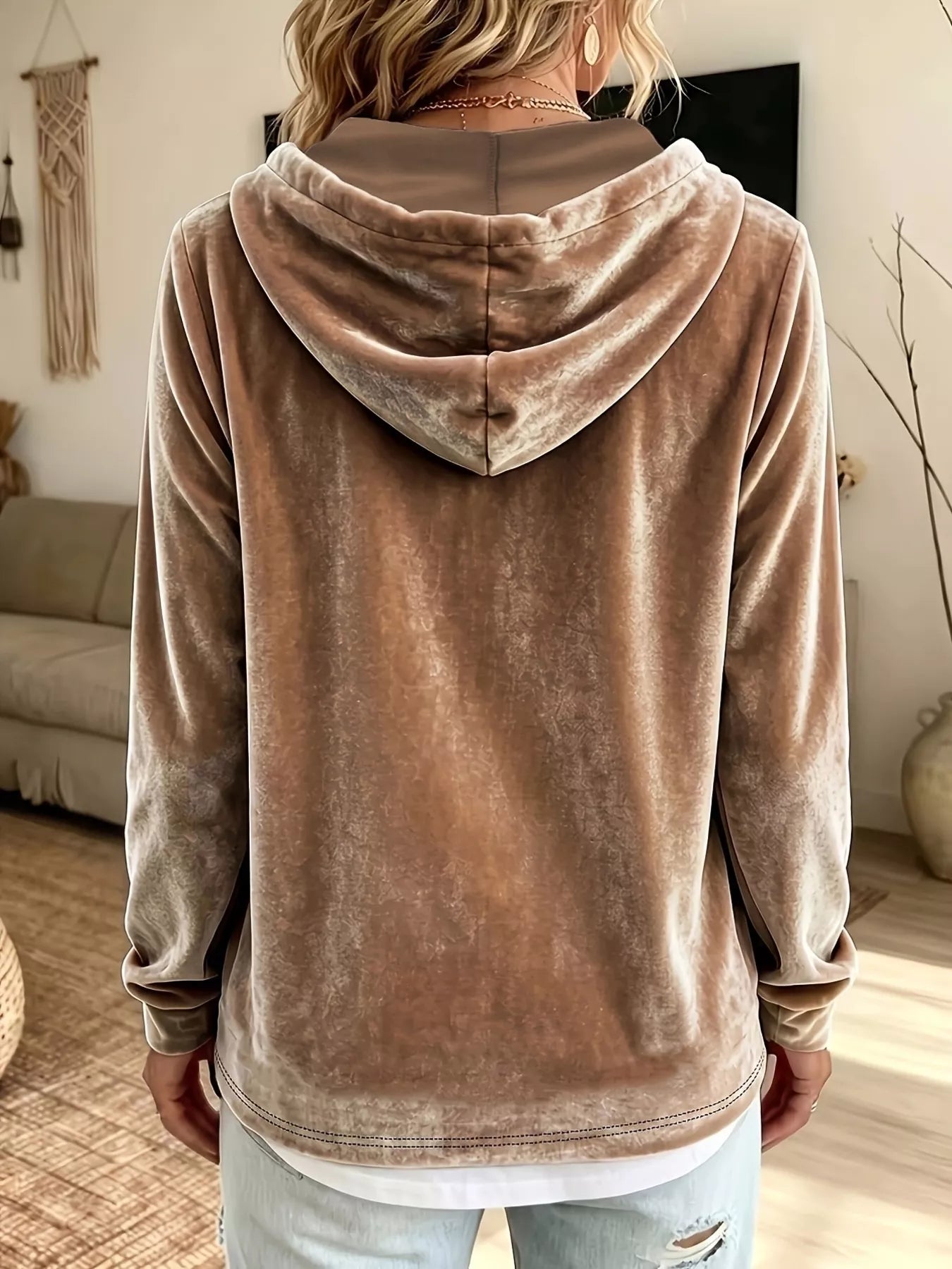 Full Size Drawstring Velvet Long Sleeve Hoodie Plus Size