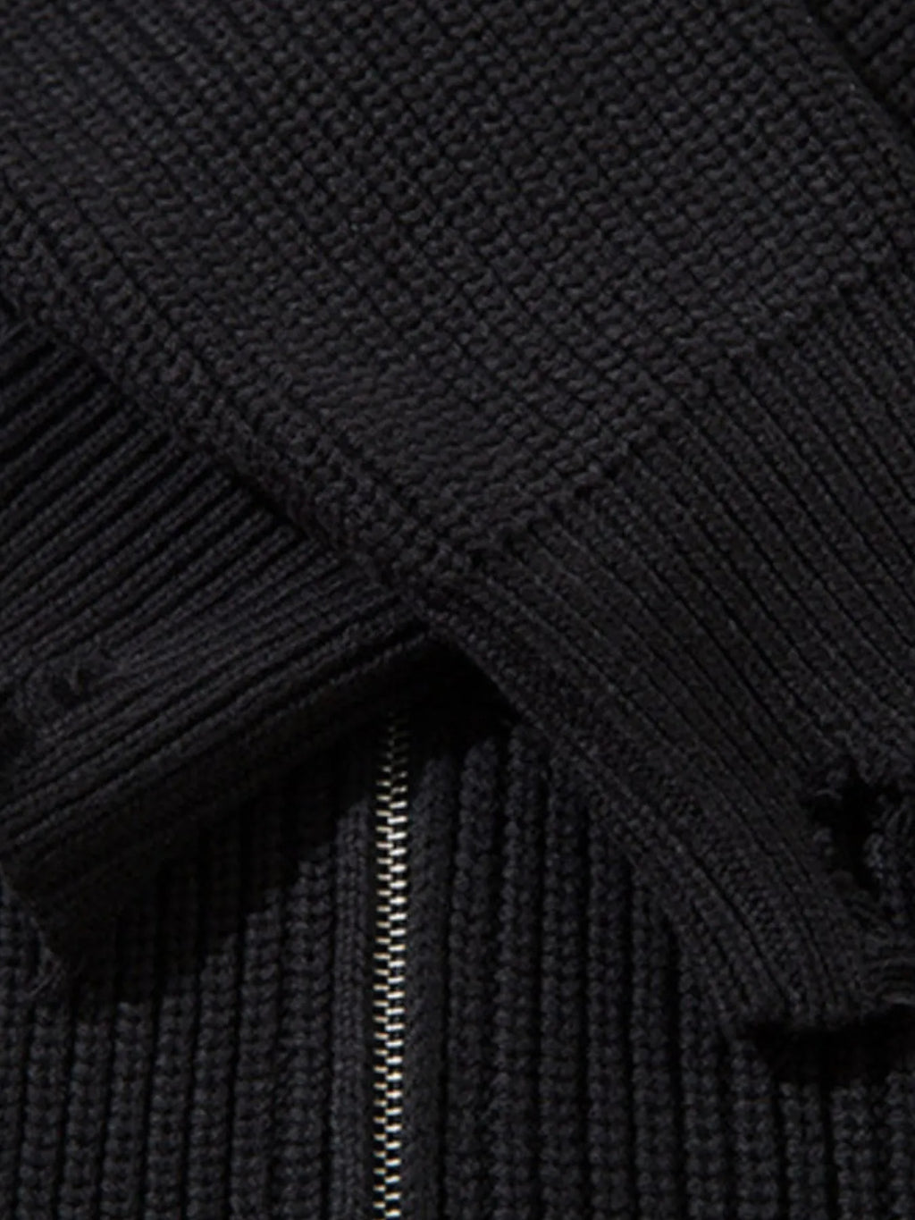 Men's Distressed Hem Ribbed Knit Zip-Up Cardigan
