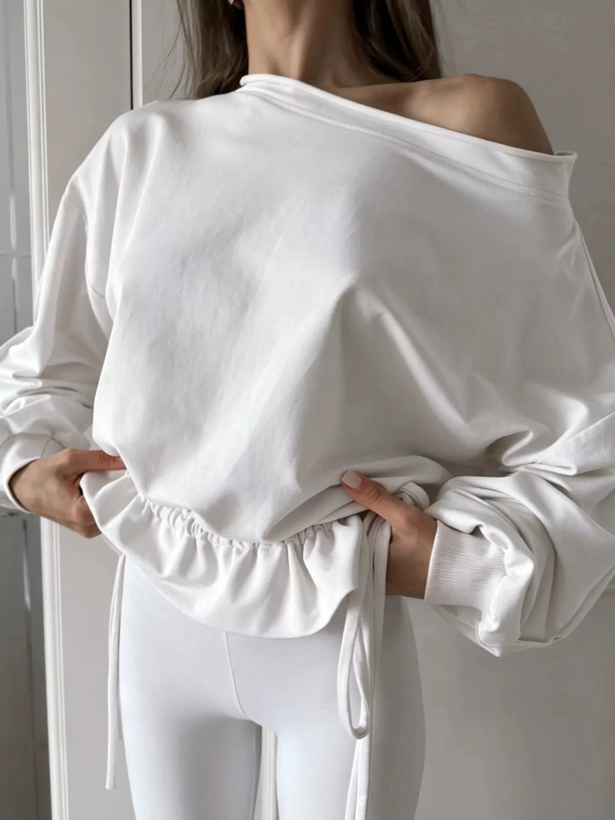 Ruffled Hem One Shoulder Sweatshirt