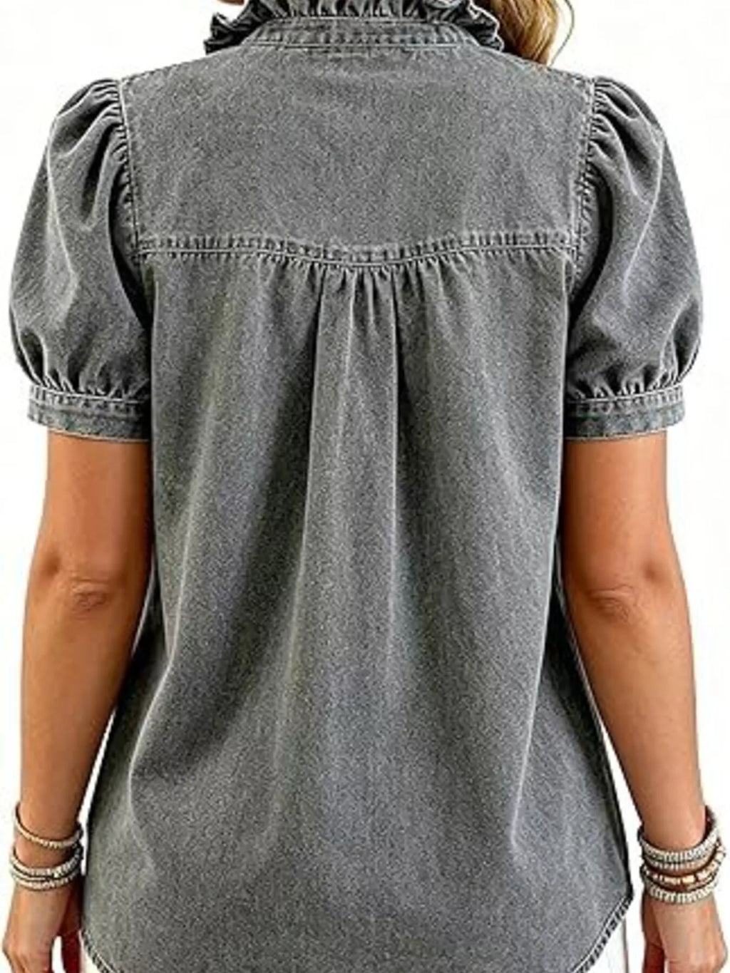 Frill Puff Sleeve Denim Top