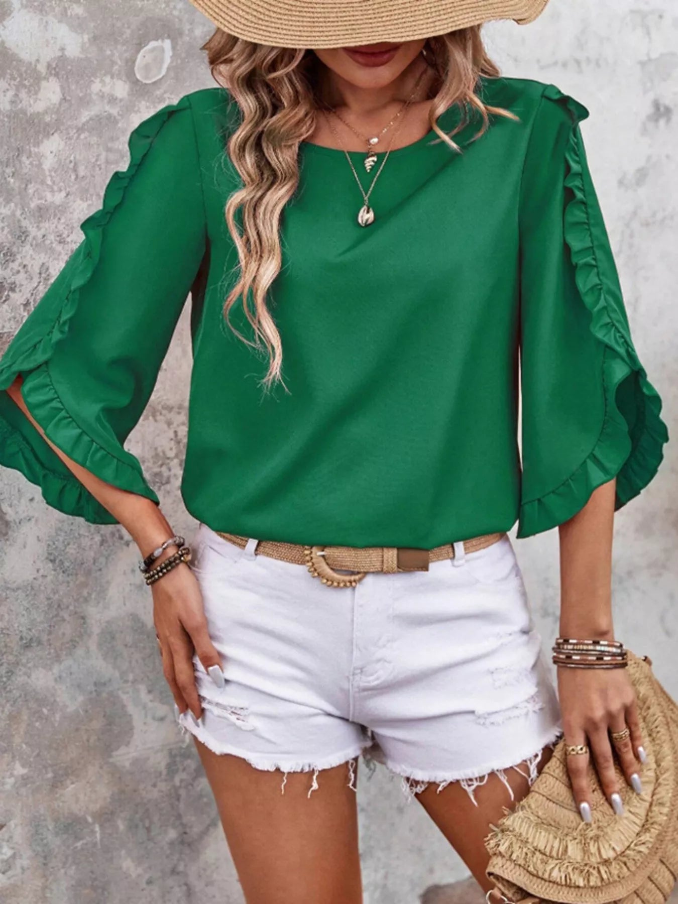 Ruffle Sleeve Solid Color Blouse