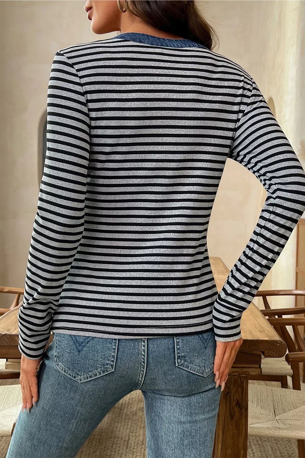 Stripe Denim Contrast Collar Half Button Long Sleeve Top
