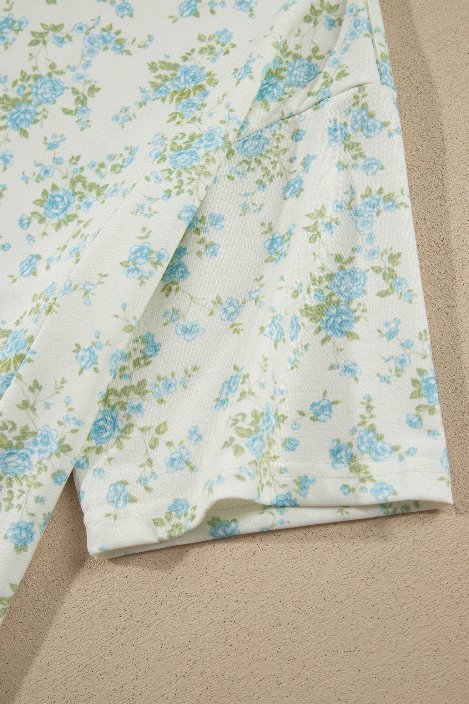Sky Blue Floral Print Short Sleeve Elastic Waist Pocket Two Piece Set