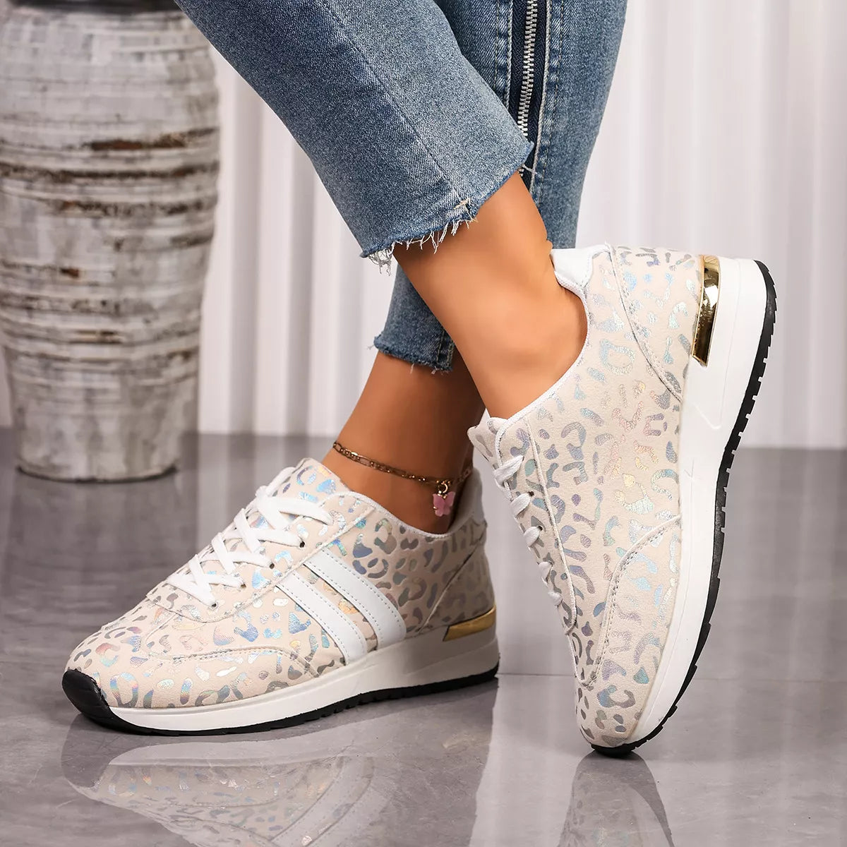 Leopard Print Lace-Up Sneakers