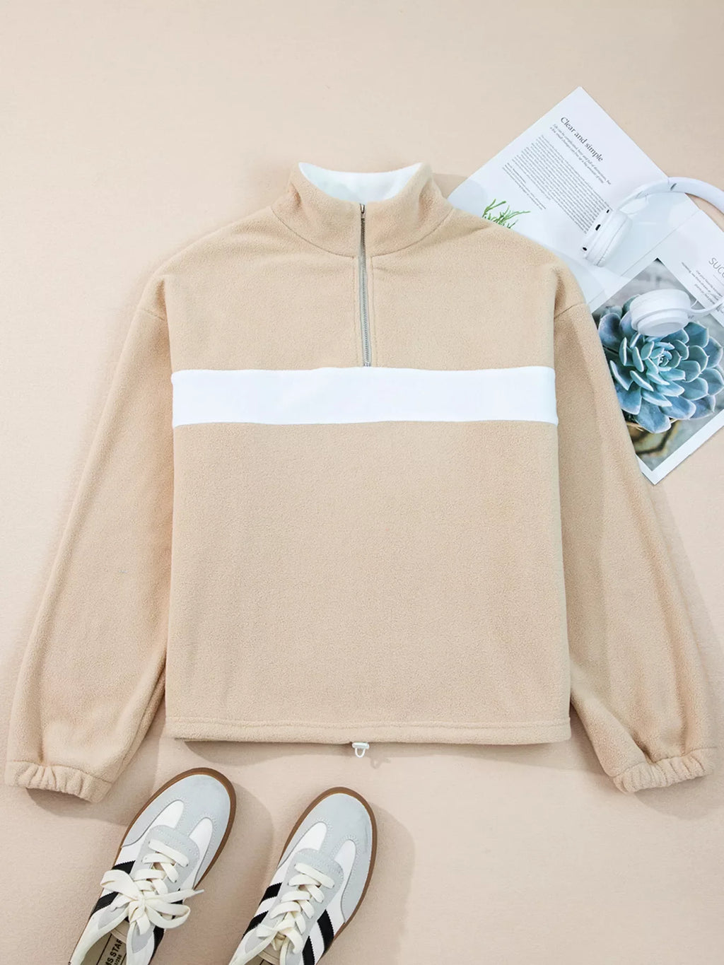 Fleece Colorblock Patchwork Zipped Neck Pullover Sweatshirt