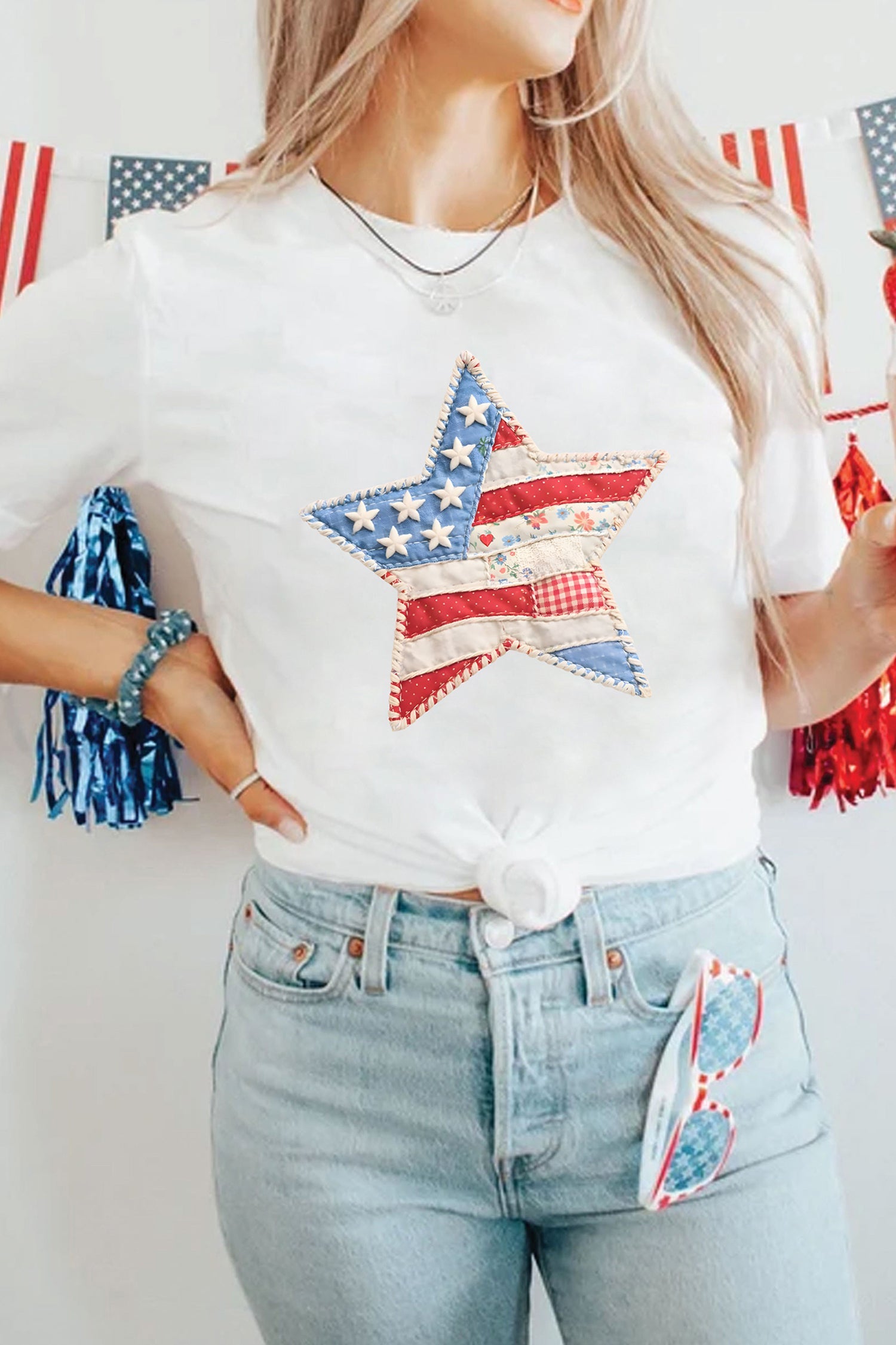 White Faux Patchwork Star Printed Patriotic Graphic Tee