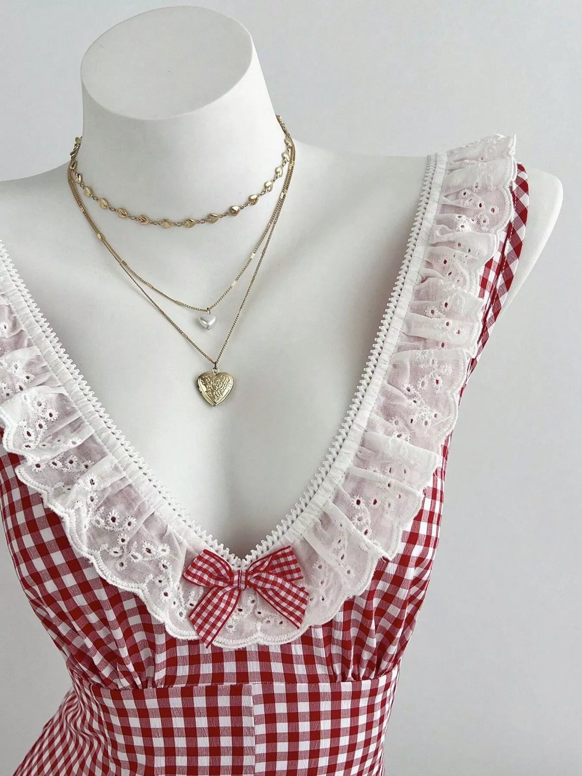 Gingham Lace-Trimmed Romper with Bow Detail