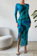 Ruched Tie-Dye Midi Dress with High Slit