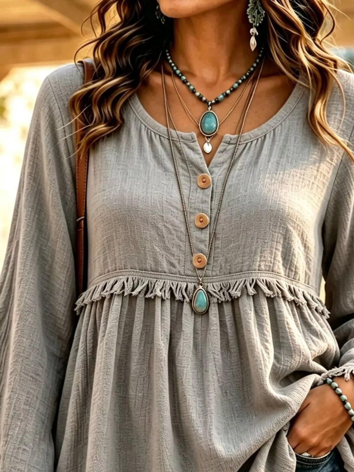 Button-Down Detail Fringed Hem Blouse