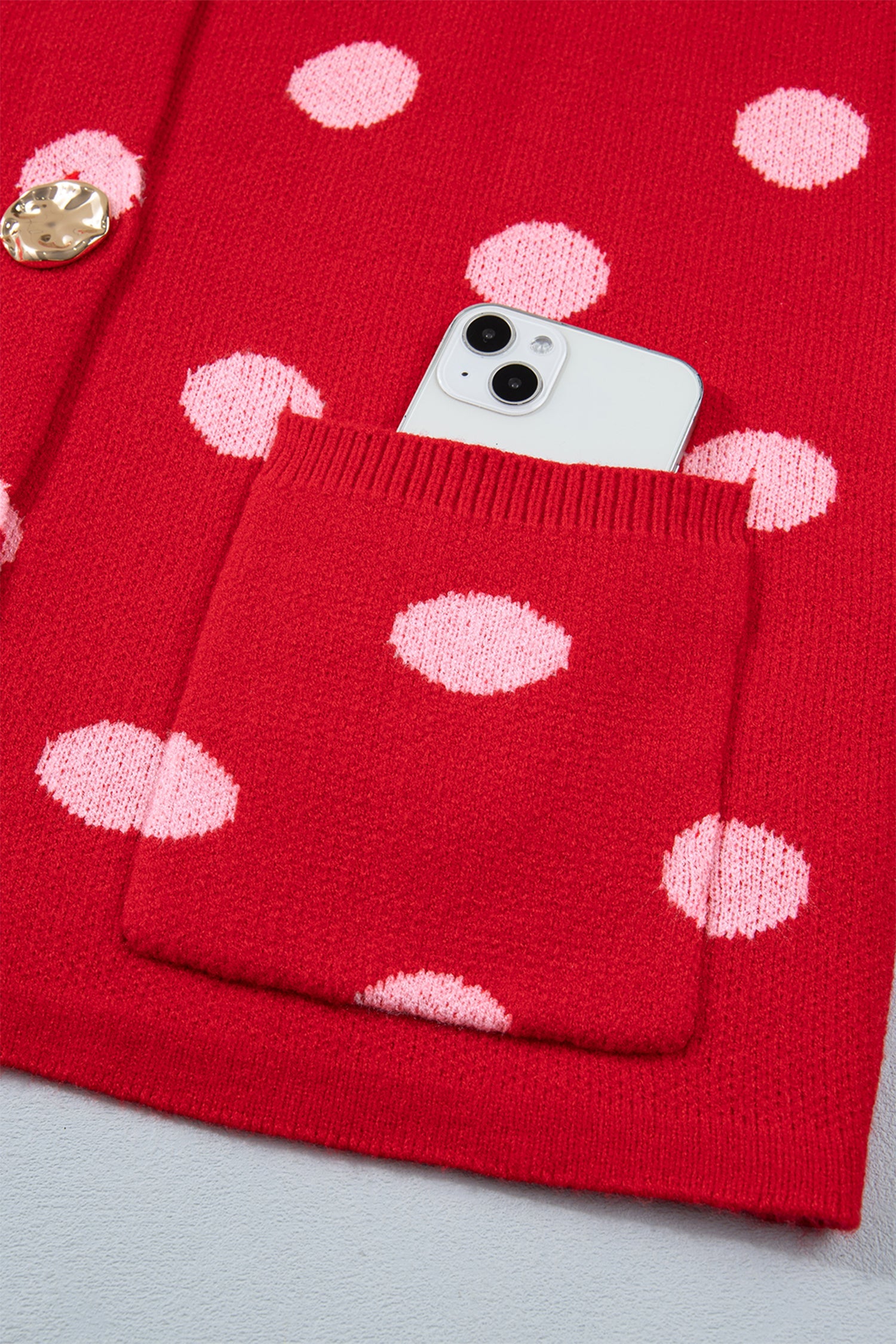 Red Polka Dot Sleeveless Knit Button Drop Shoulder Sweater Vest