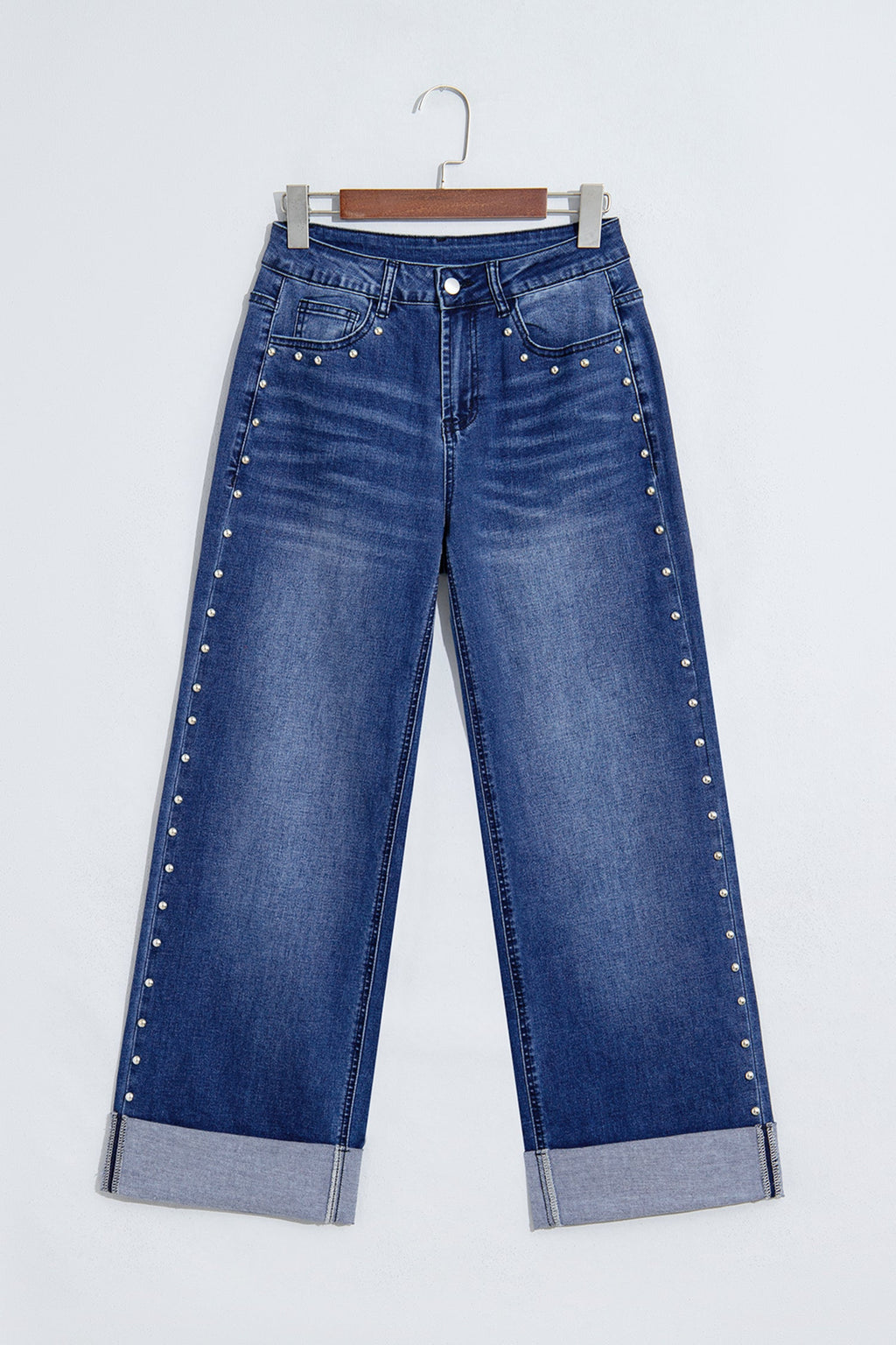 Coffee Studded Detail Straight Leg Casual Loose Jeans