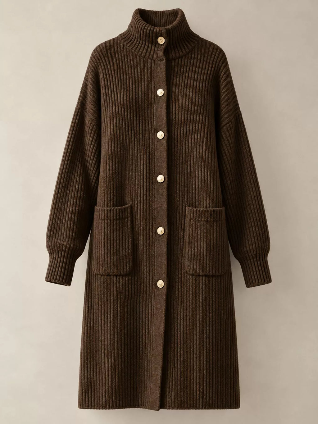 Ribbed Knit Turtleneck Button Up Longline Cardigan