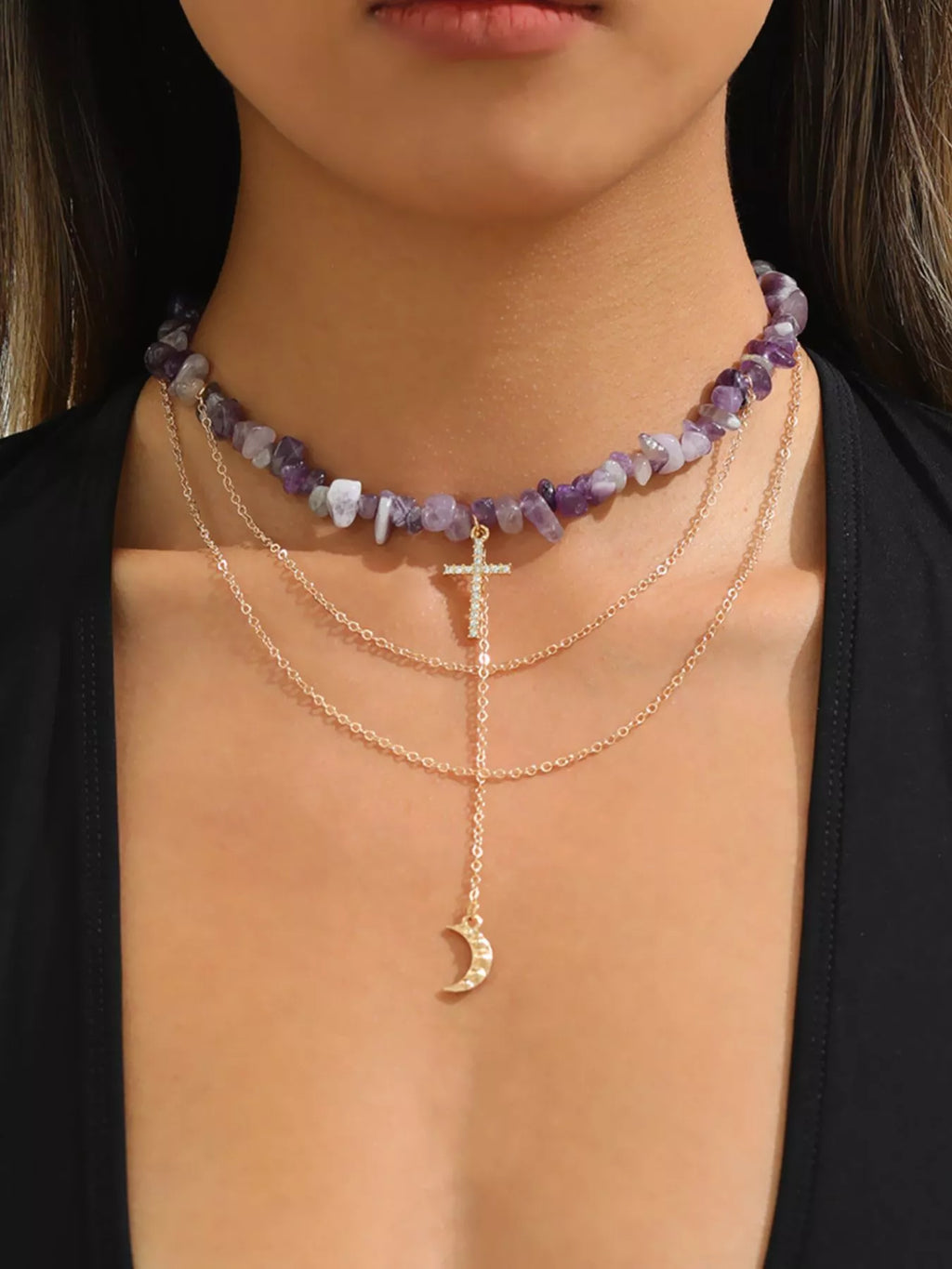 Layered Cross and Moon Pendant Necklace