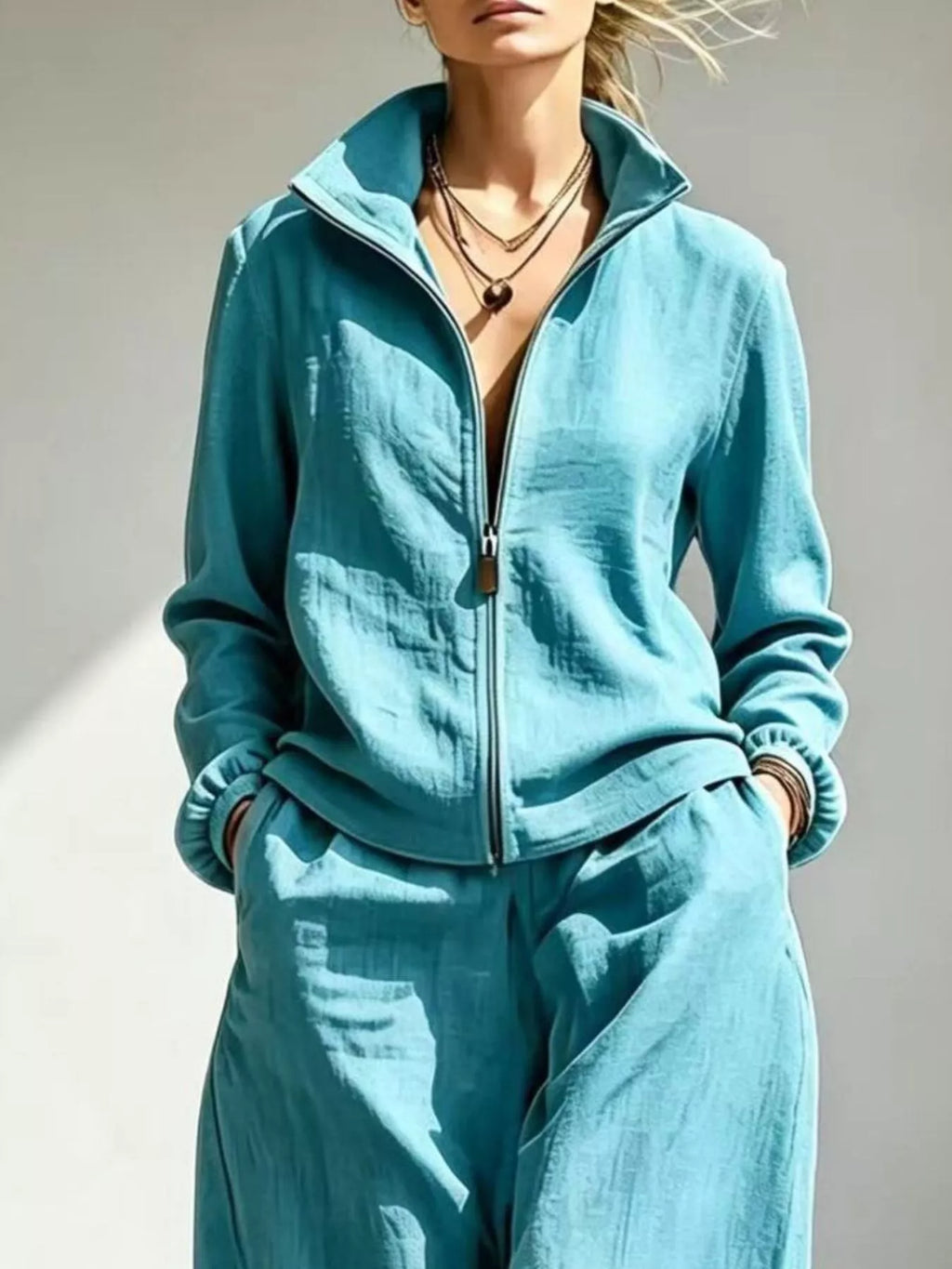 Full Size Zip-Up Jacket and Wide-Leg Pants Set Plus Size