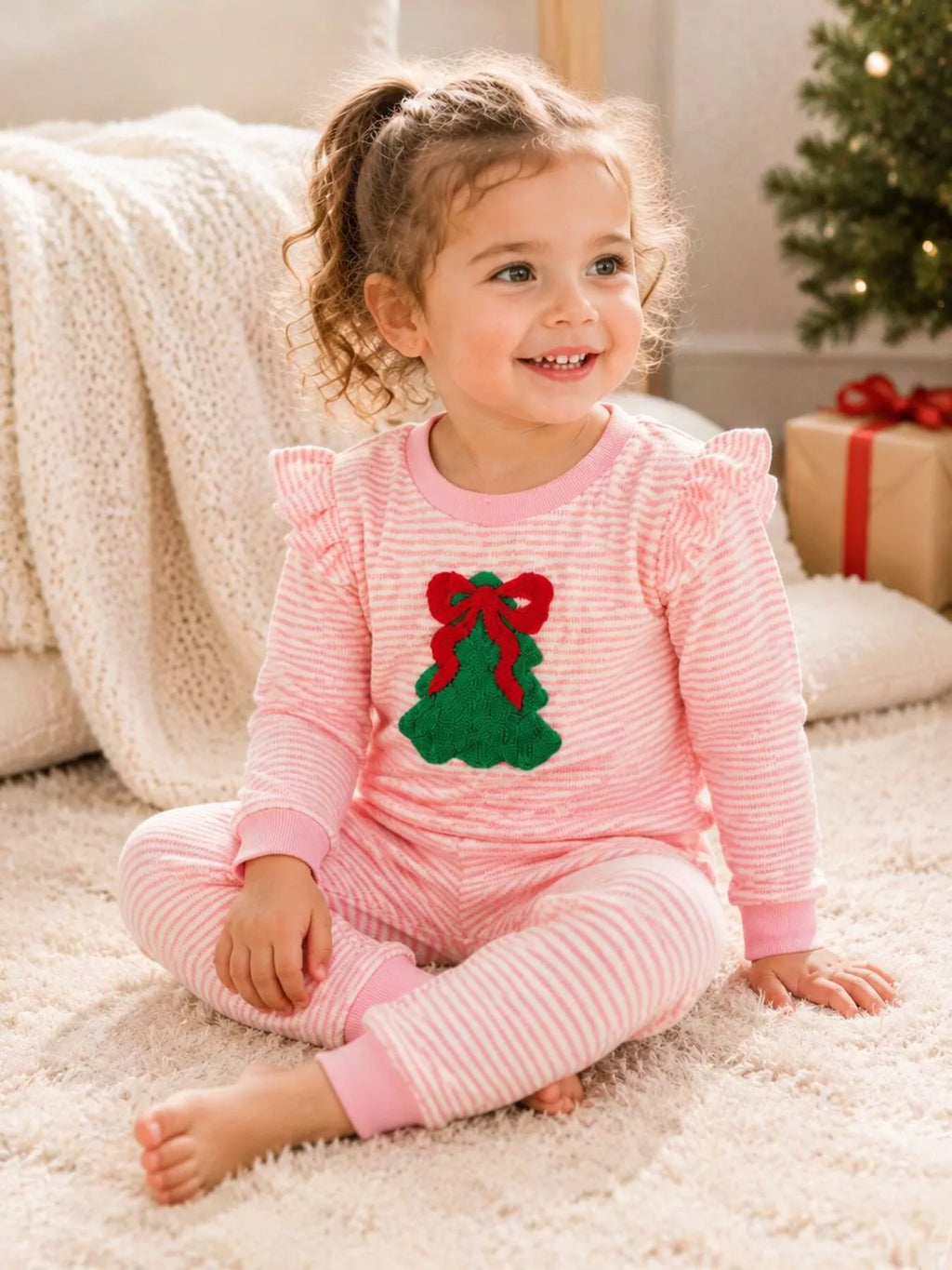 Children's Striped Christmas Tree Ruffle Pajama Set