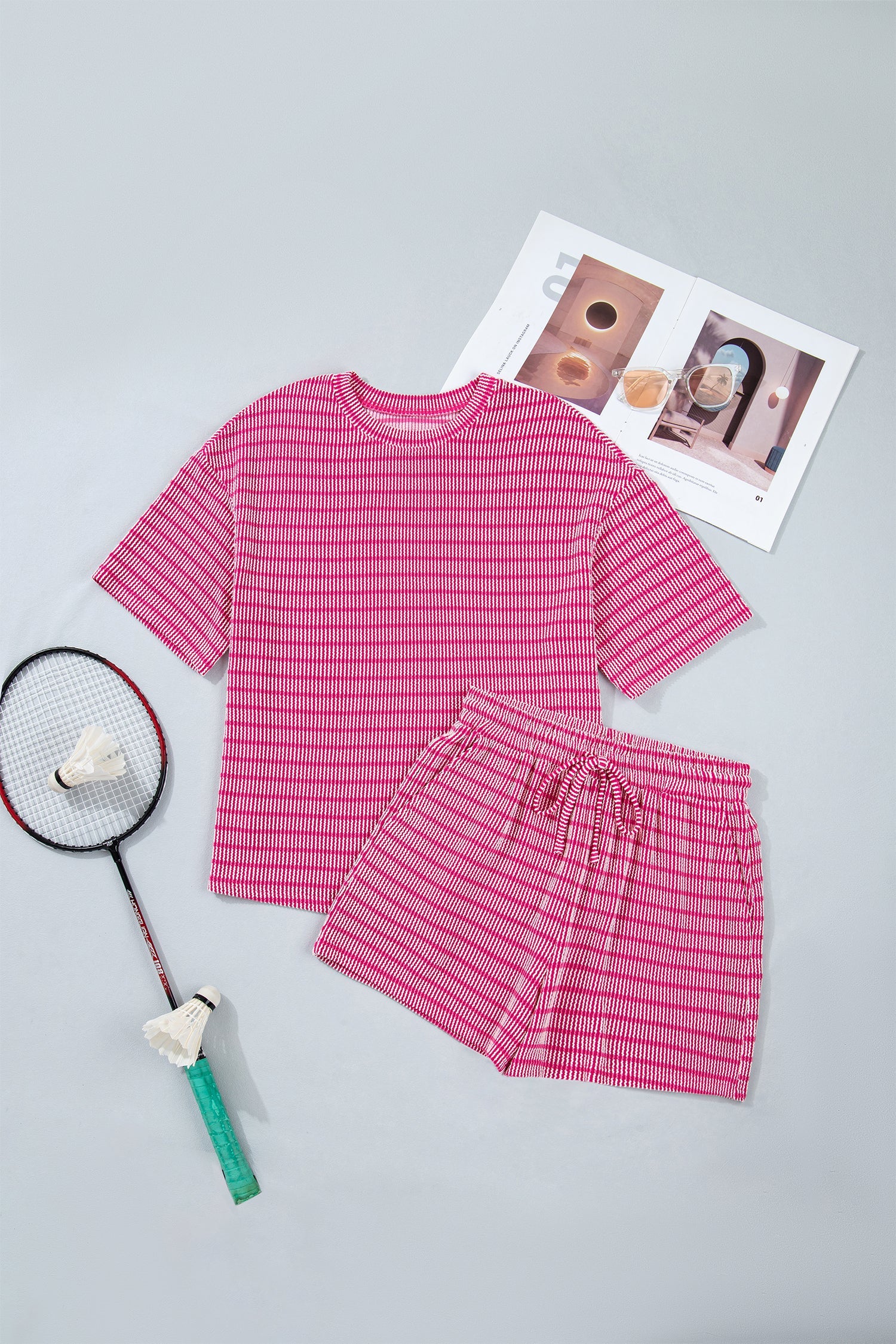 Rose Stripe Raised Rib Loose Tee Drawstring Elastic Waist 2pcs Short Set
