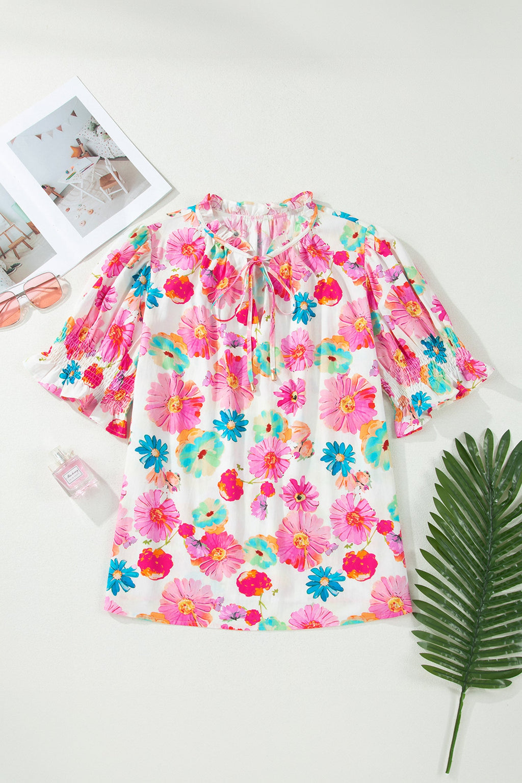 Pink Plus Size Floral Print Ruched Short Sleeve Blouse