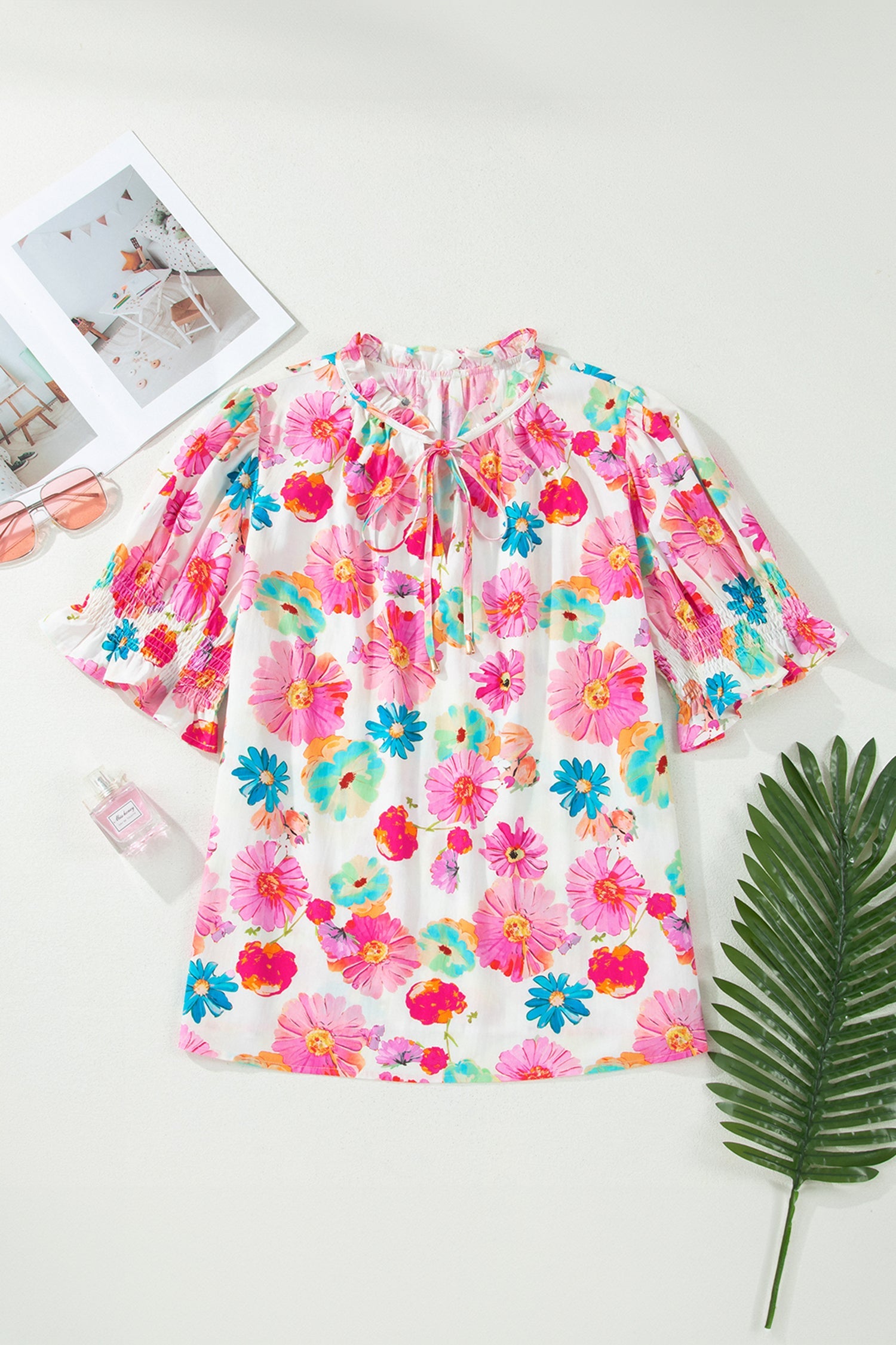 Pink Plus Size Floral Print Ruched Short Sleeve Blouse