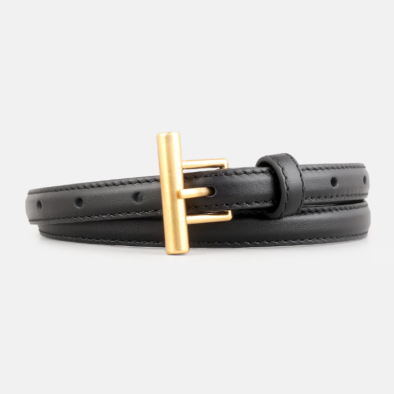 Leather Belt with Golden T-Buckle