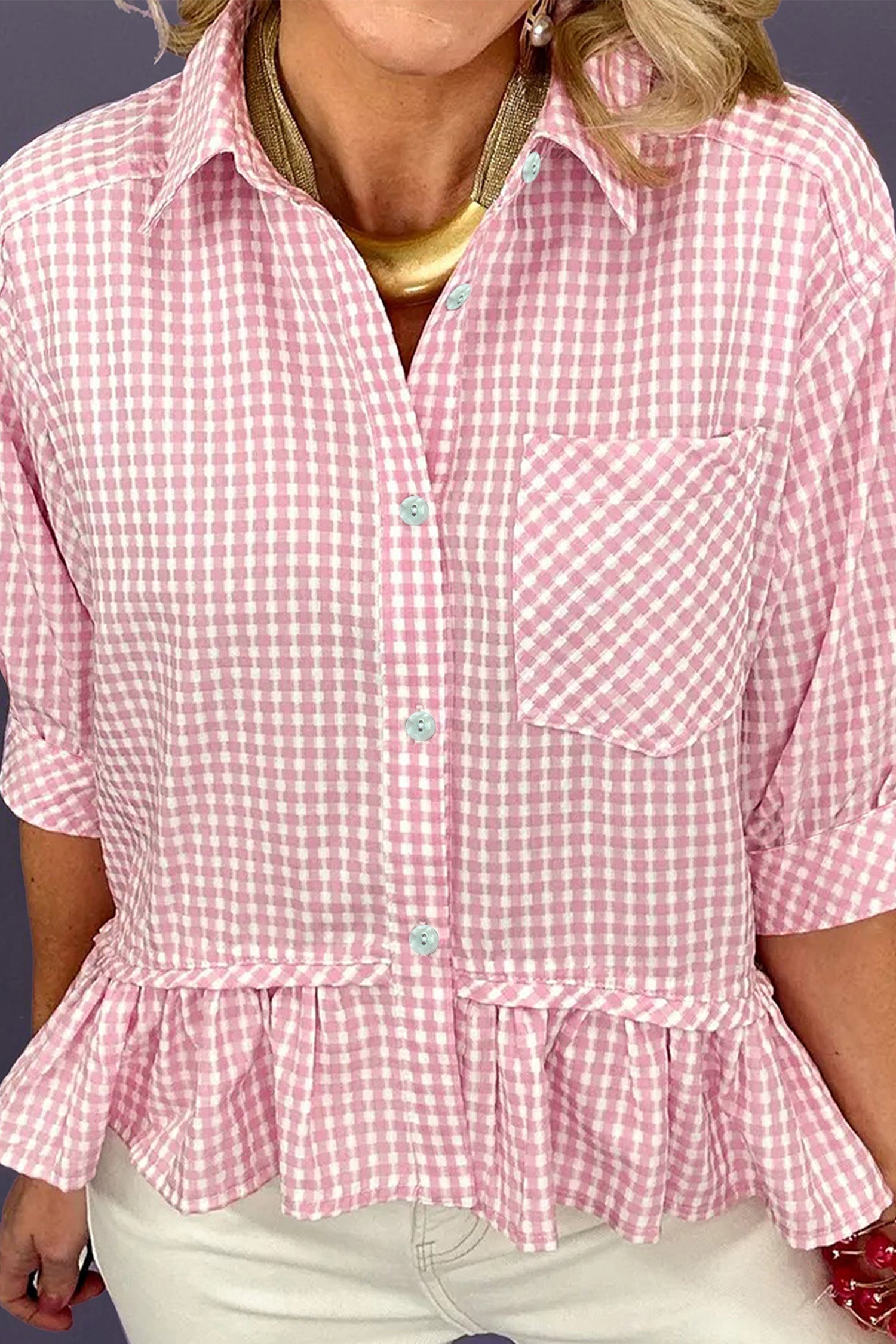 Pink Plaid Half Sleeve Ruffle Hem Button Down Shirt