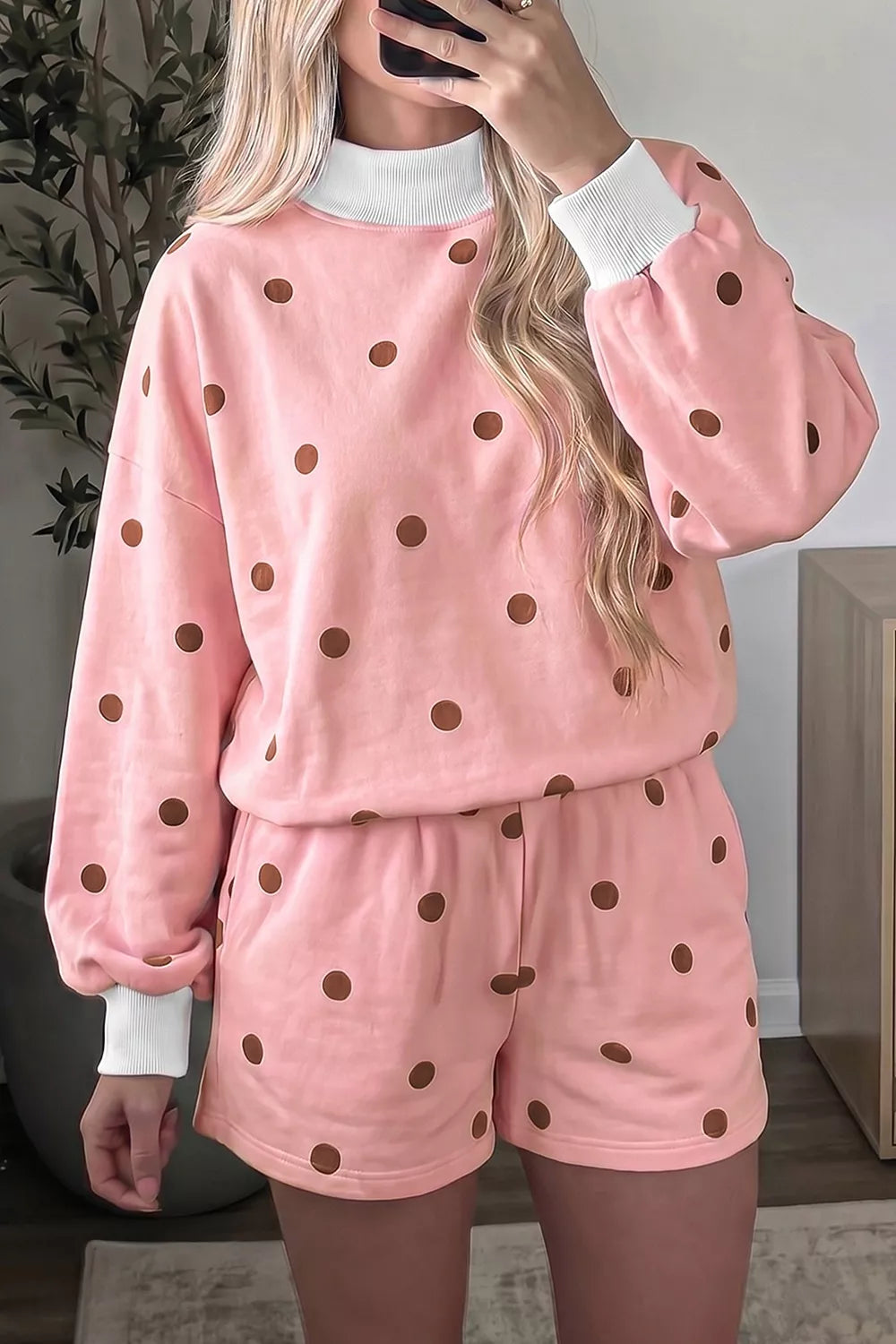 Polka Dot Long Sleeve Sweatshirt and Shorts Lounge Set