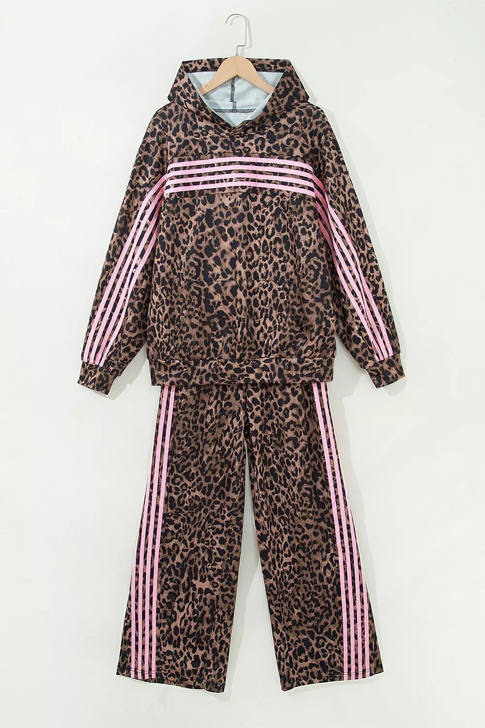 Leopard Print Contrast Striped Detail Long Sleeve Top Pant Set
