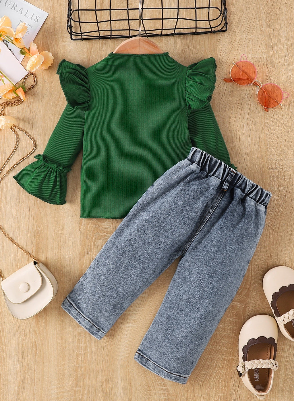 Children's Ruffle Trim Ribbed Top & Jeans Set