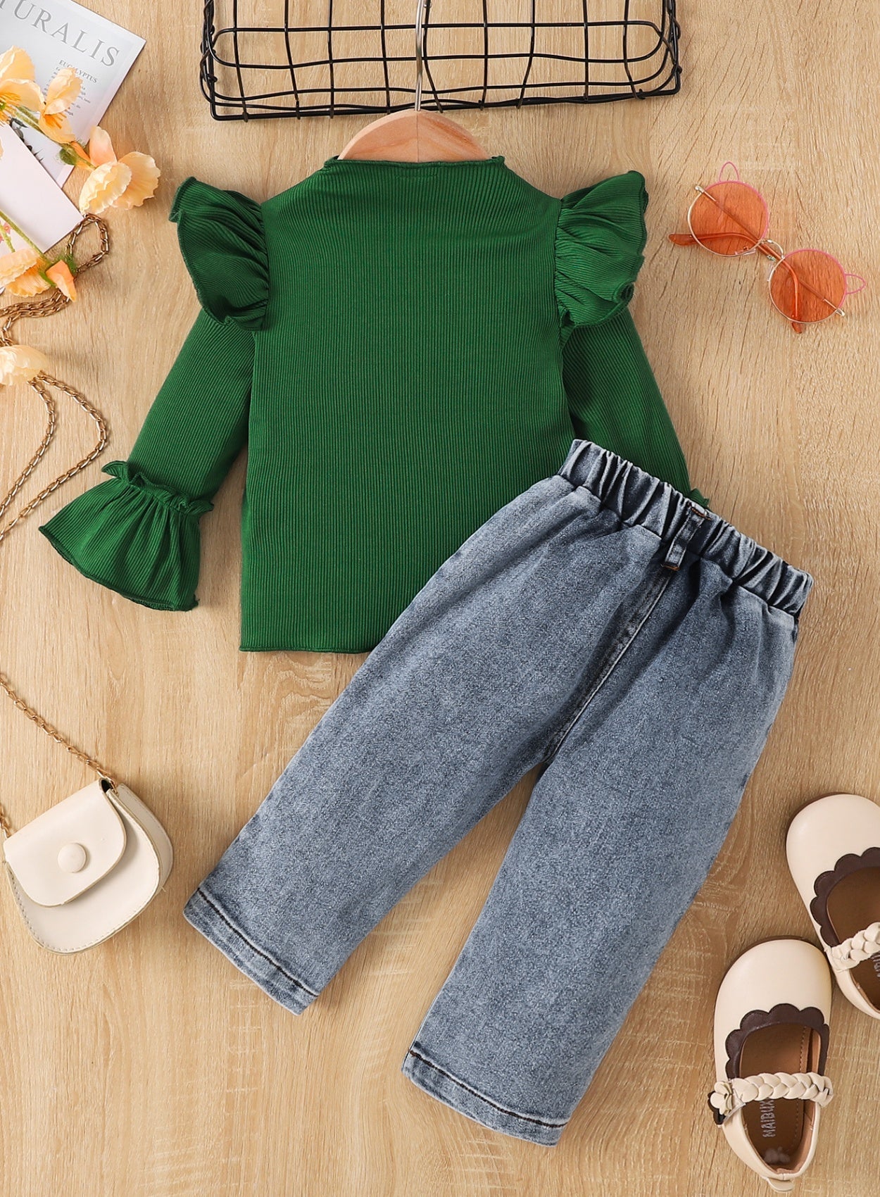 Children's Ruffle Trim Ribbed Top & Jeans Set