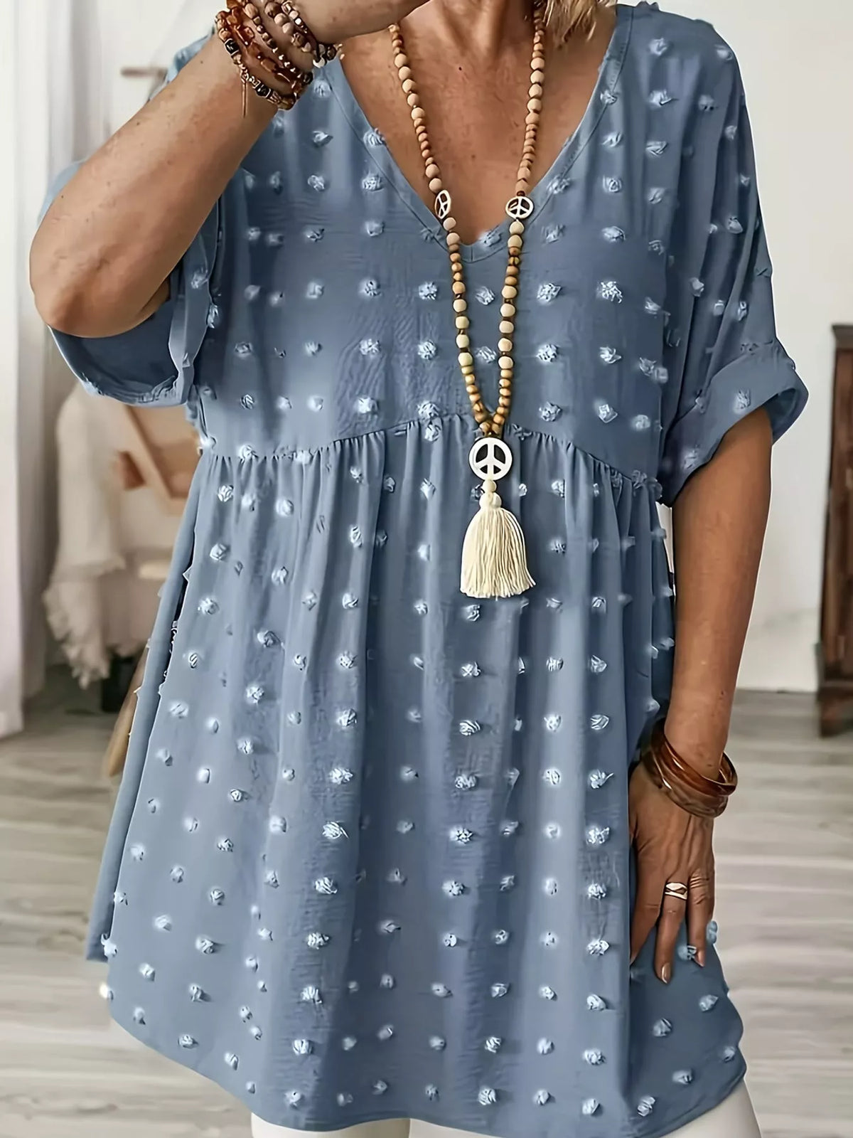 Plus Size Swiss Dot V-Neck Casual Blouse