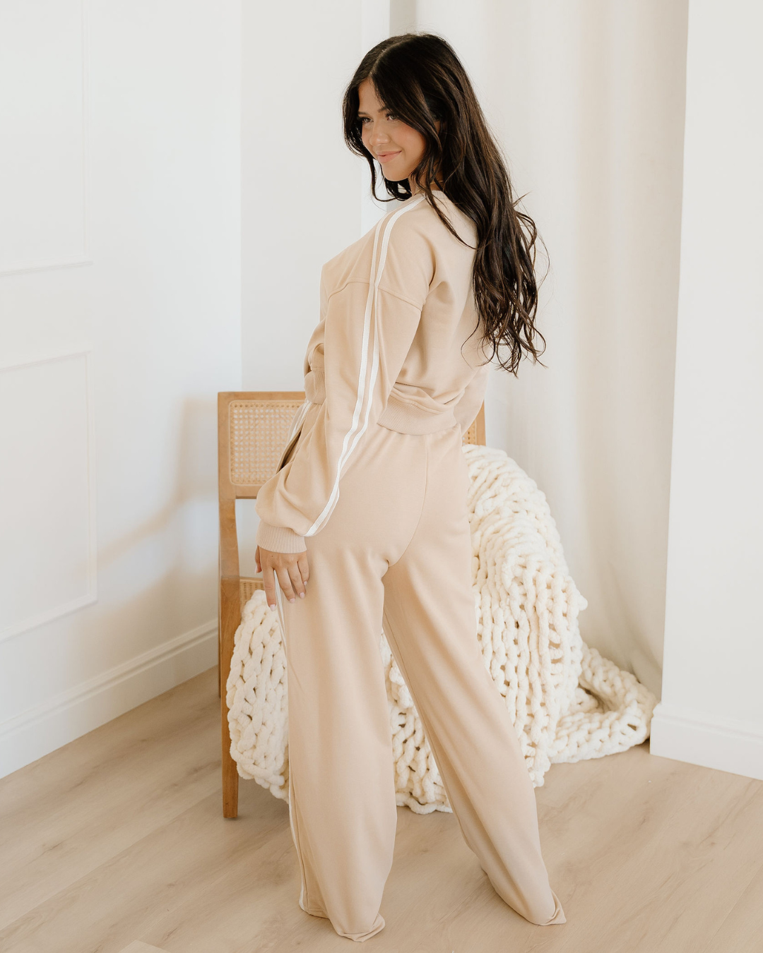 Varsity Pullover Wide Leg Pants 2pcs Outfit - Oatmeal