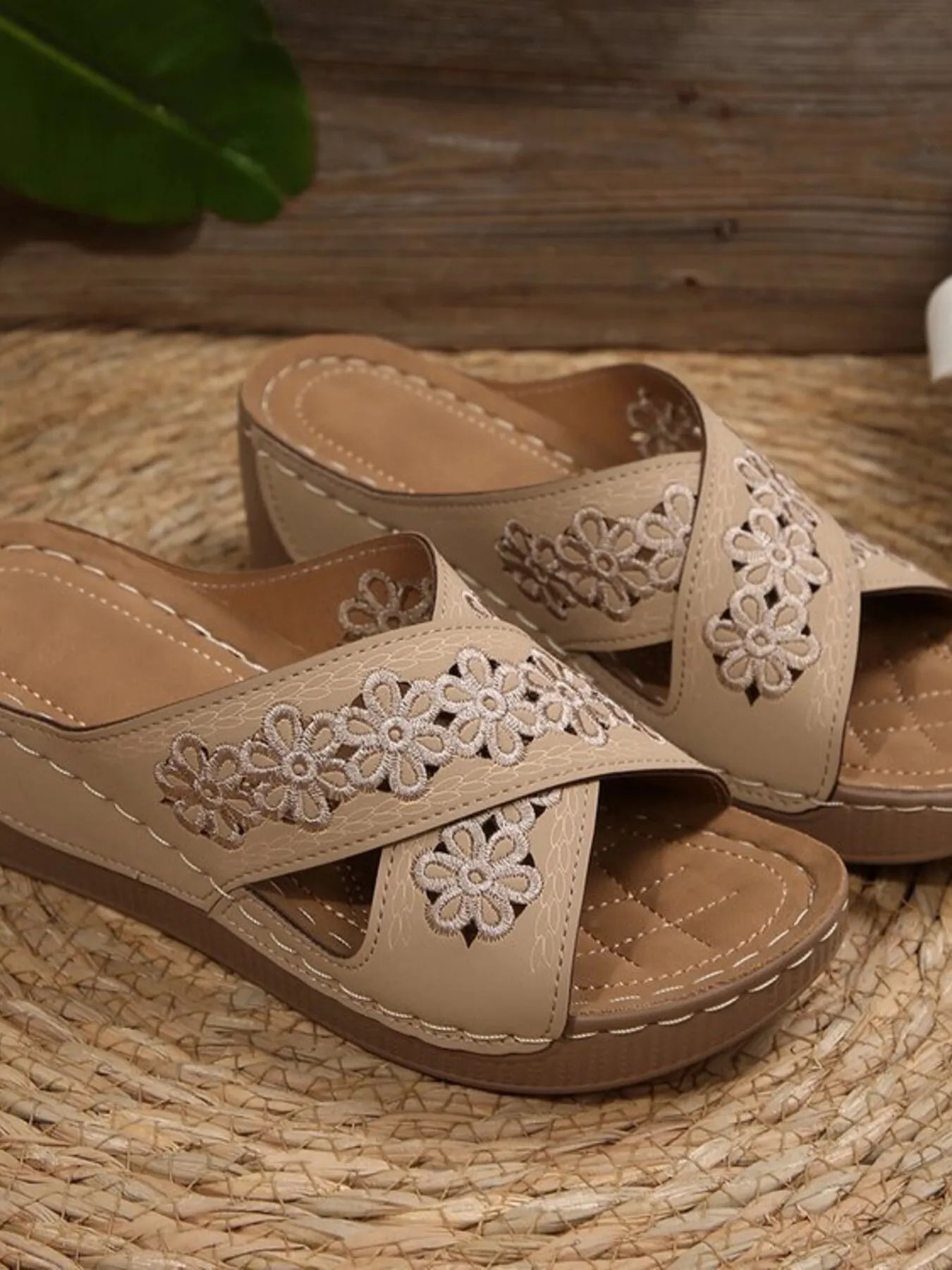 Crisscross Flower Wedge Sandals