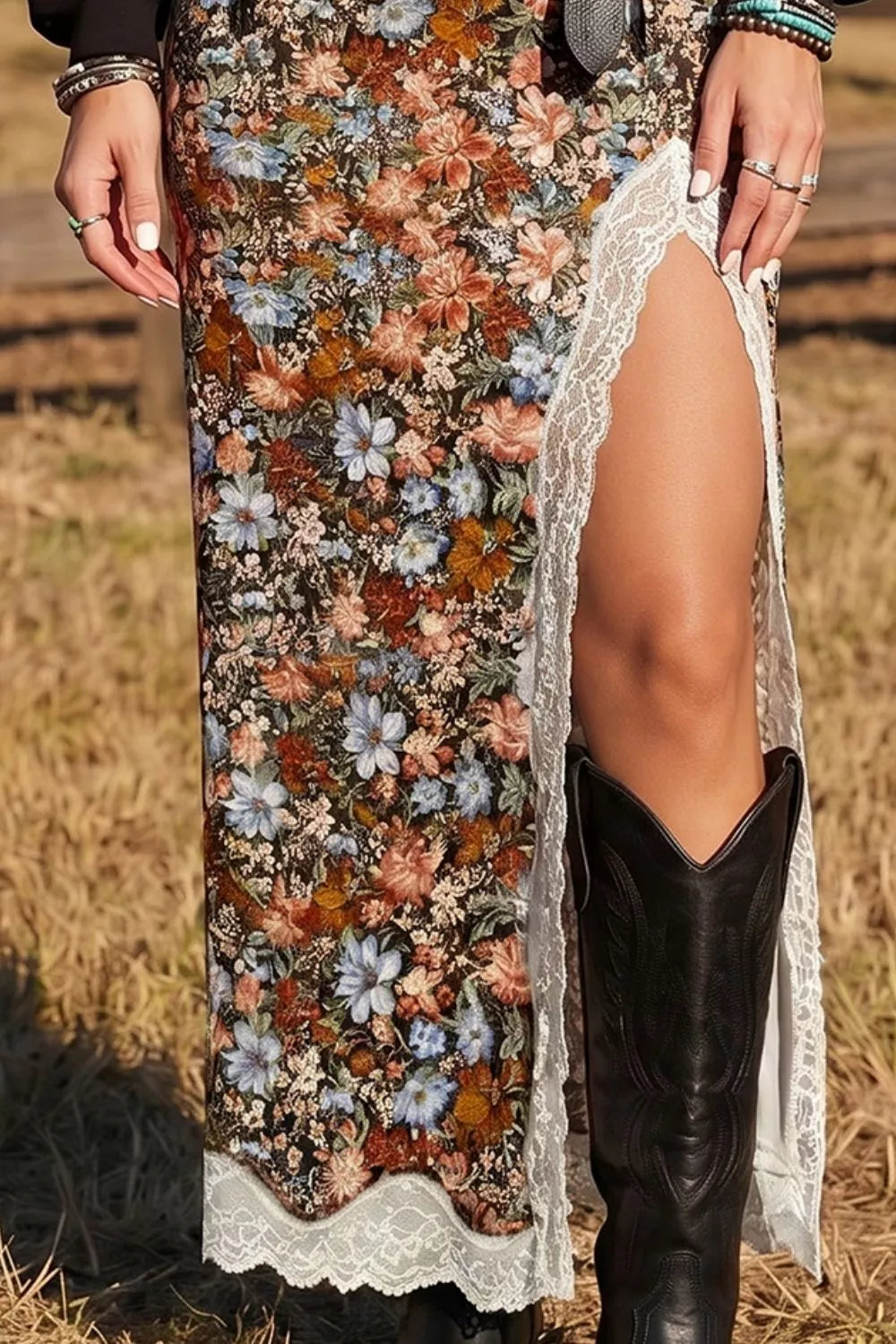 Multicolour Cheetah Print Trim Split Long Western Skirt