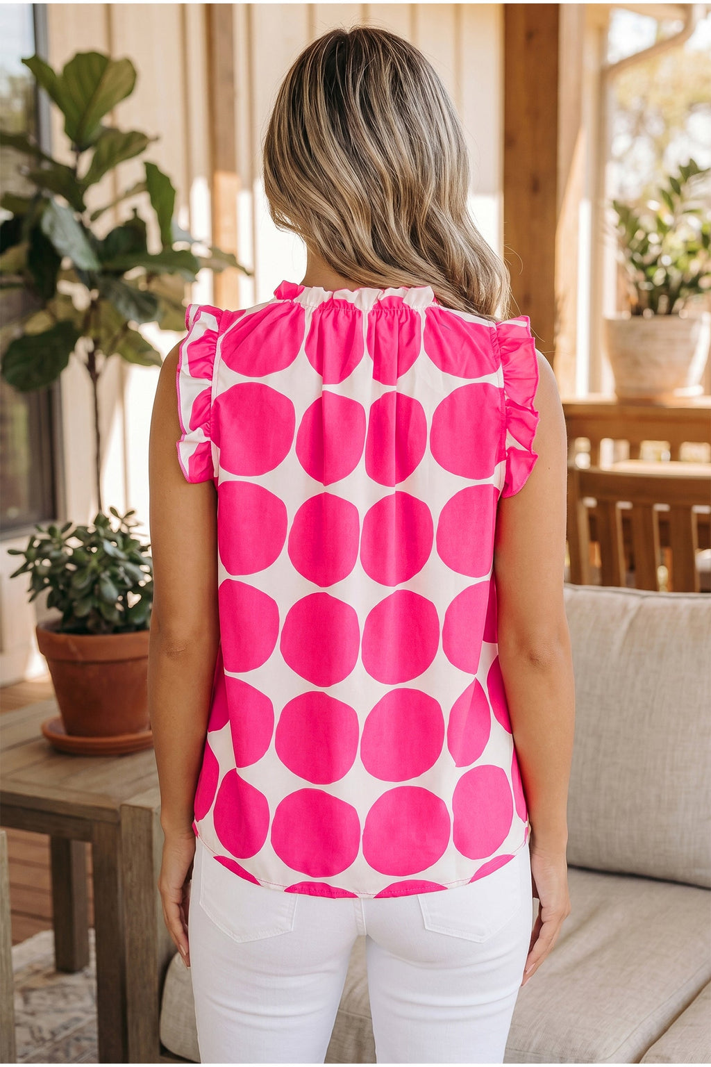 Rose Polka Dot Print Frilled Round Neck Shift Tank Top