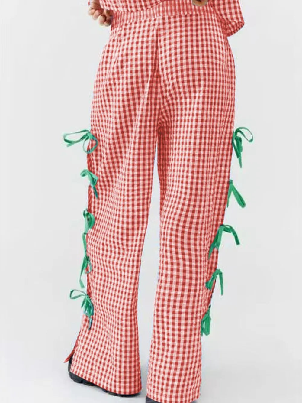 Side Tied Plaid Pants with Relaxed Leg and Slit