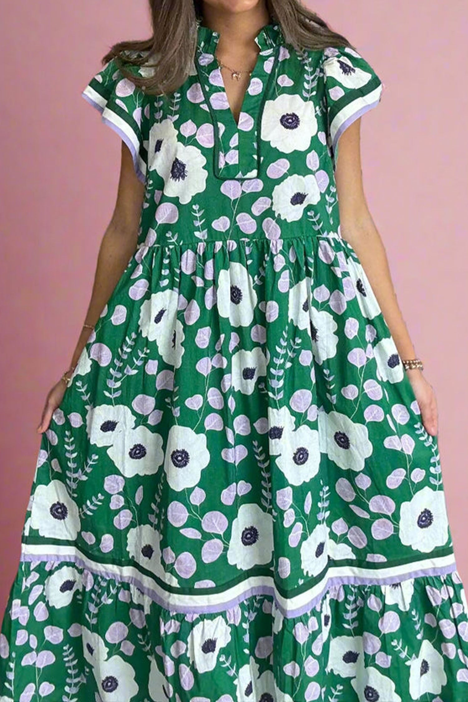 Green V Neck Ruffled Short Sleeve Flower Maxi Dress