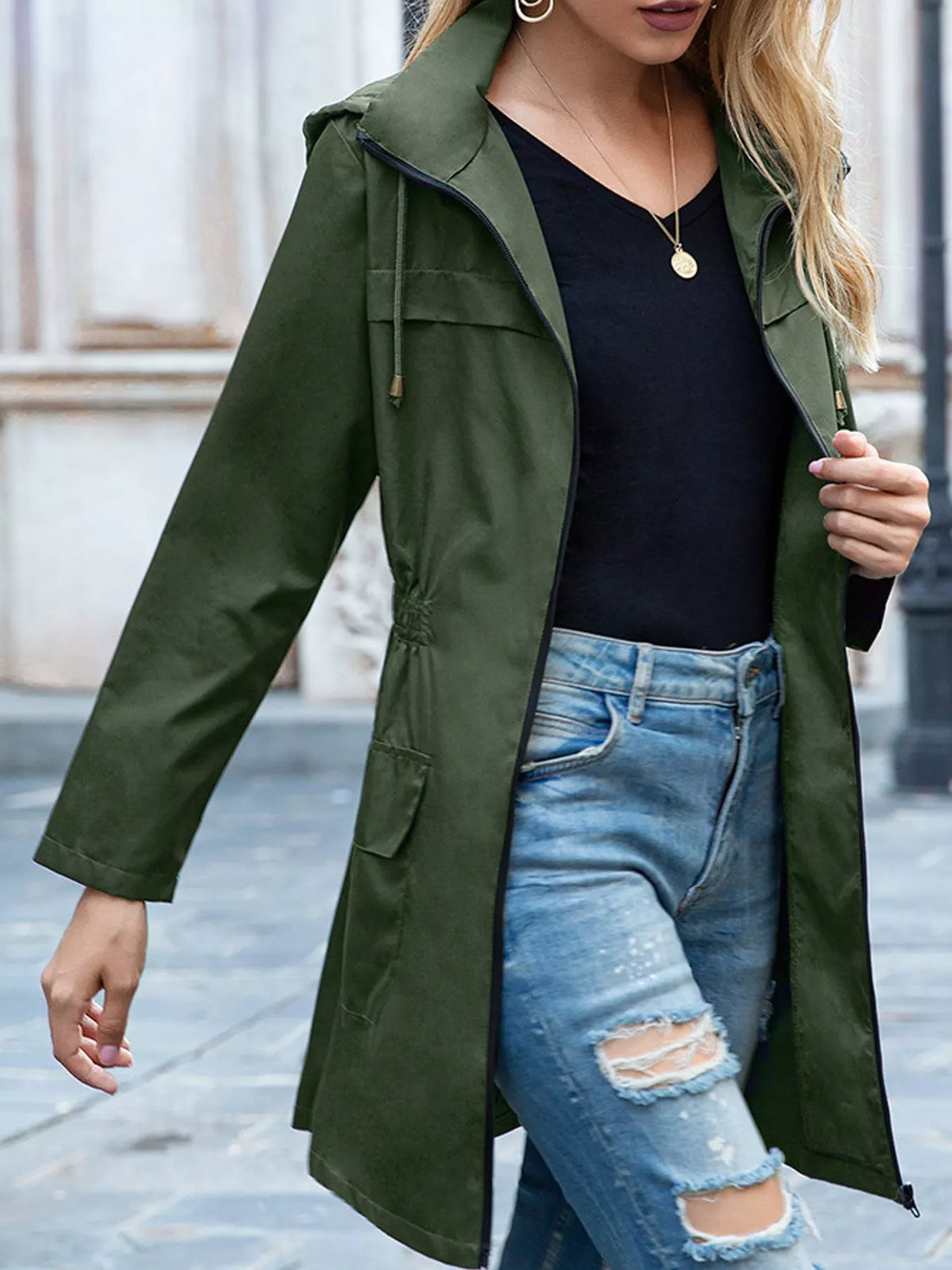 Zip Up Drawstring Waist Hooded Jacket