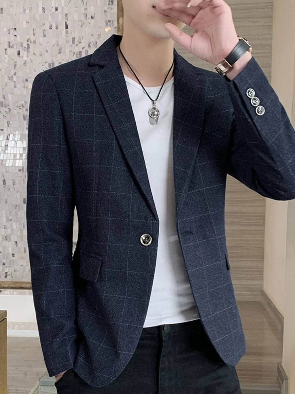 Men's Plus Size Slim Fit Plaid Pattern Blazer