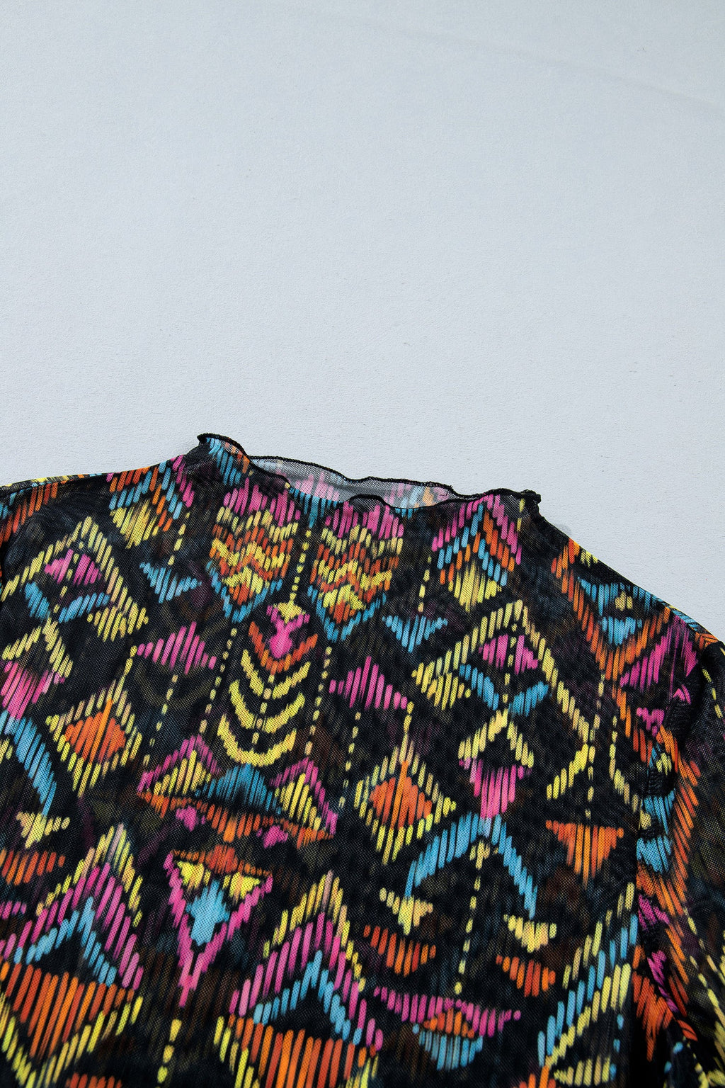 Color black Abstract Print Long Sleeve Stand Neck Mesh Top