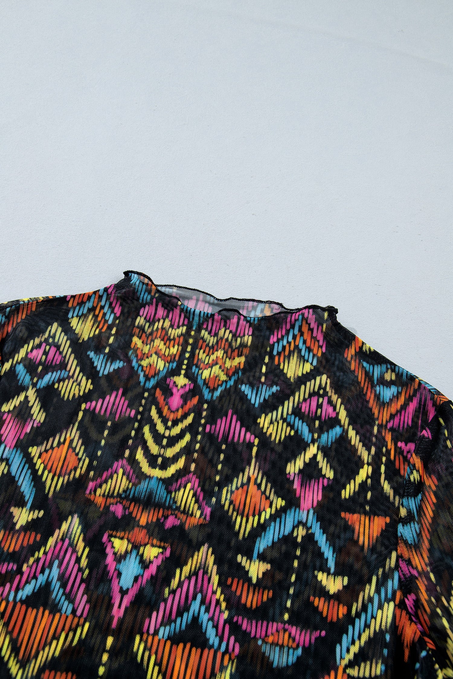 Color black Abstract Print Long Sleeve Stand Neck Mesh Top